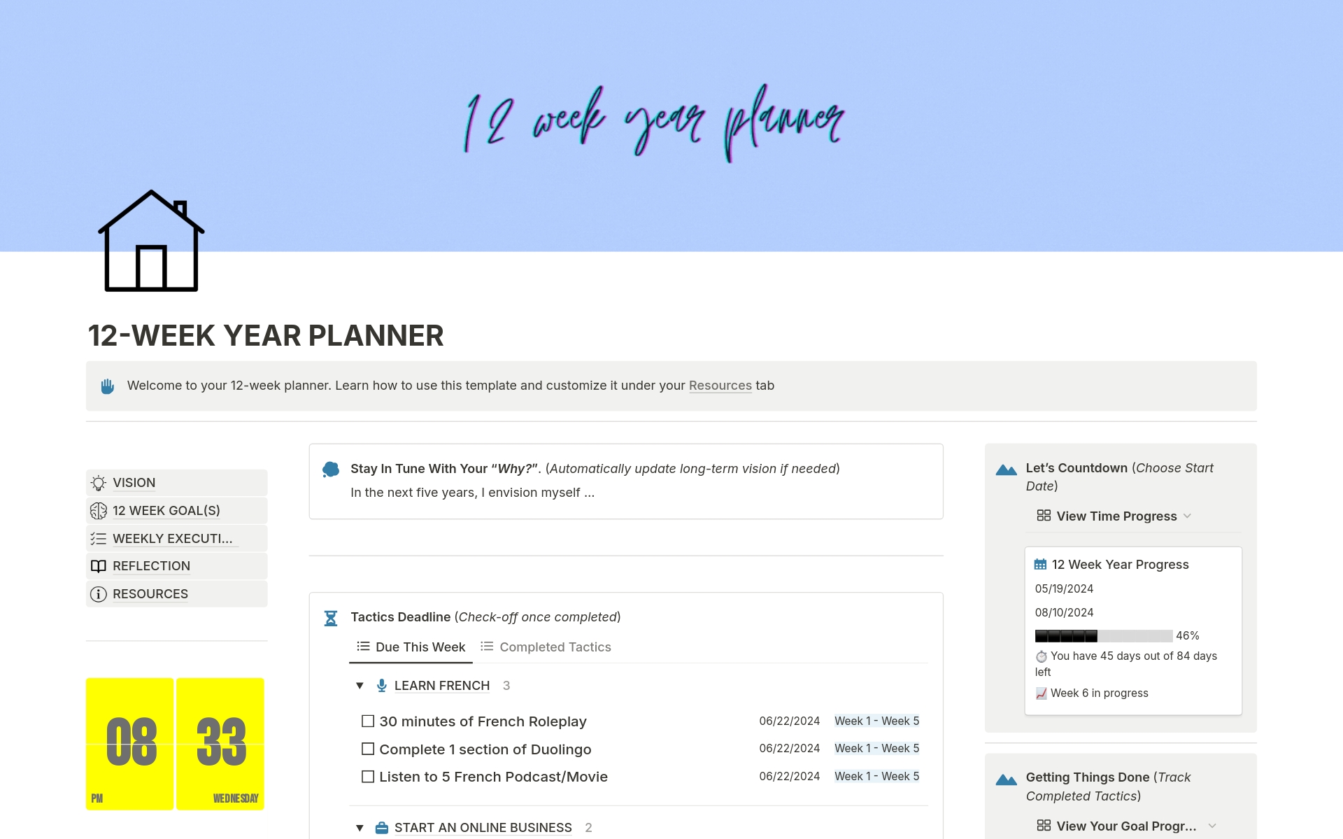 Our 12-Week Year Planner, inspired by the best-selling book by Brian P. Moran and Michael Lennington, streamlines your goal-setting journey. Stay connected with your progress, identify execution gaps, and achieve more in less time!