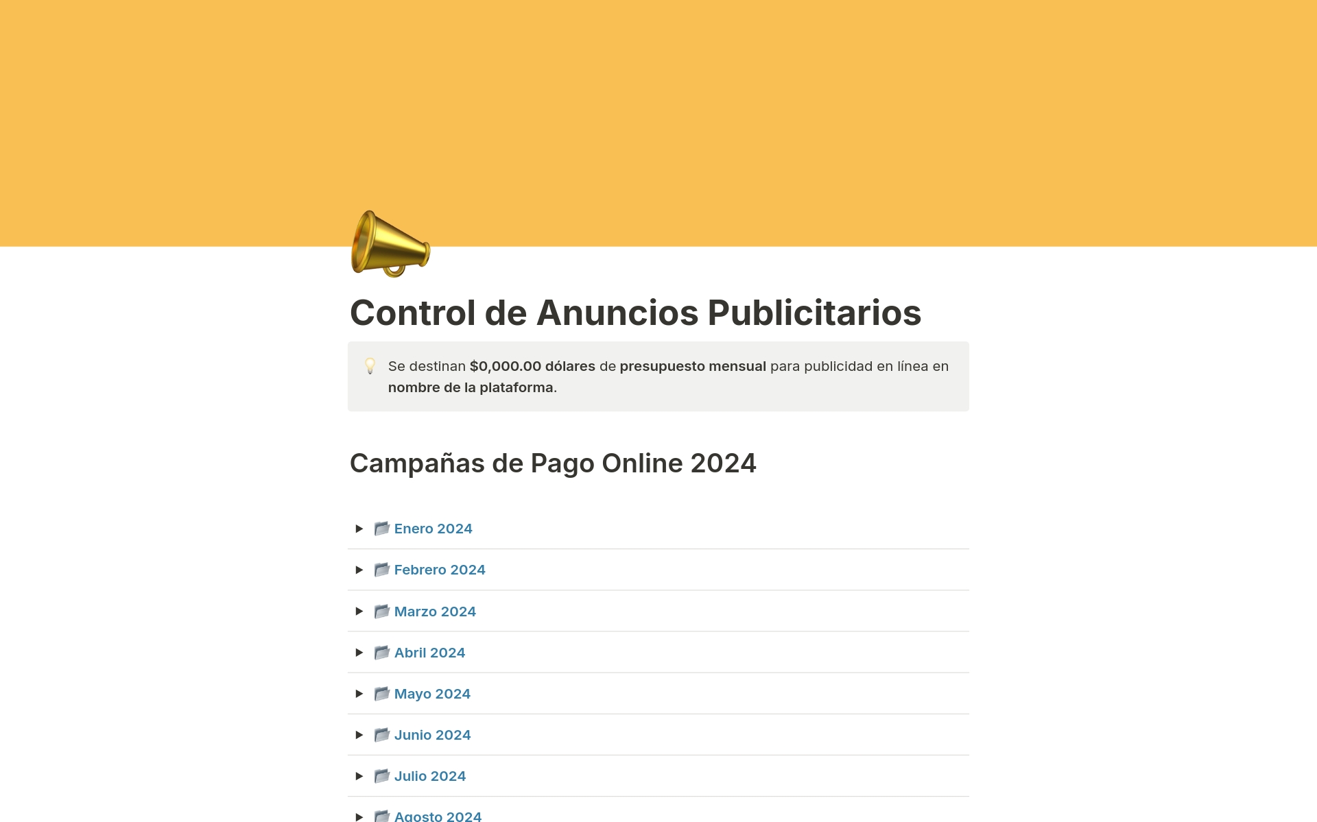 En förhandsgranskning av mallen för Control de Anuncios Publicitarios