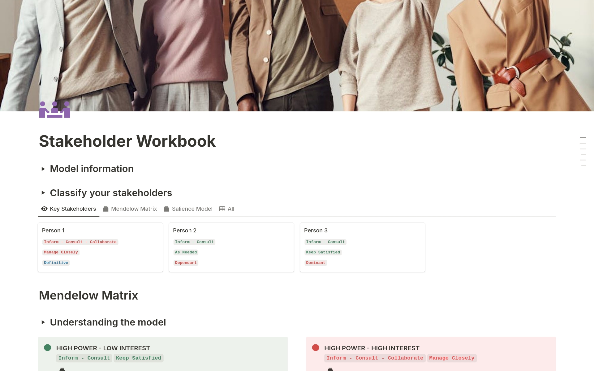 Uma prévia do modelo para Stakeholder Mapper Workbook
