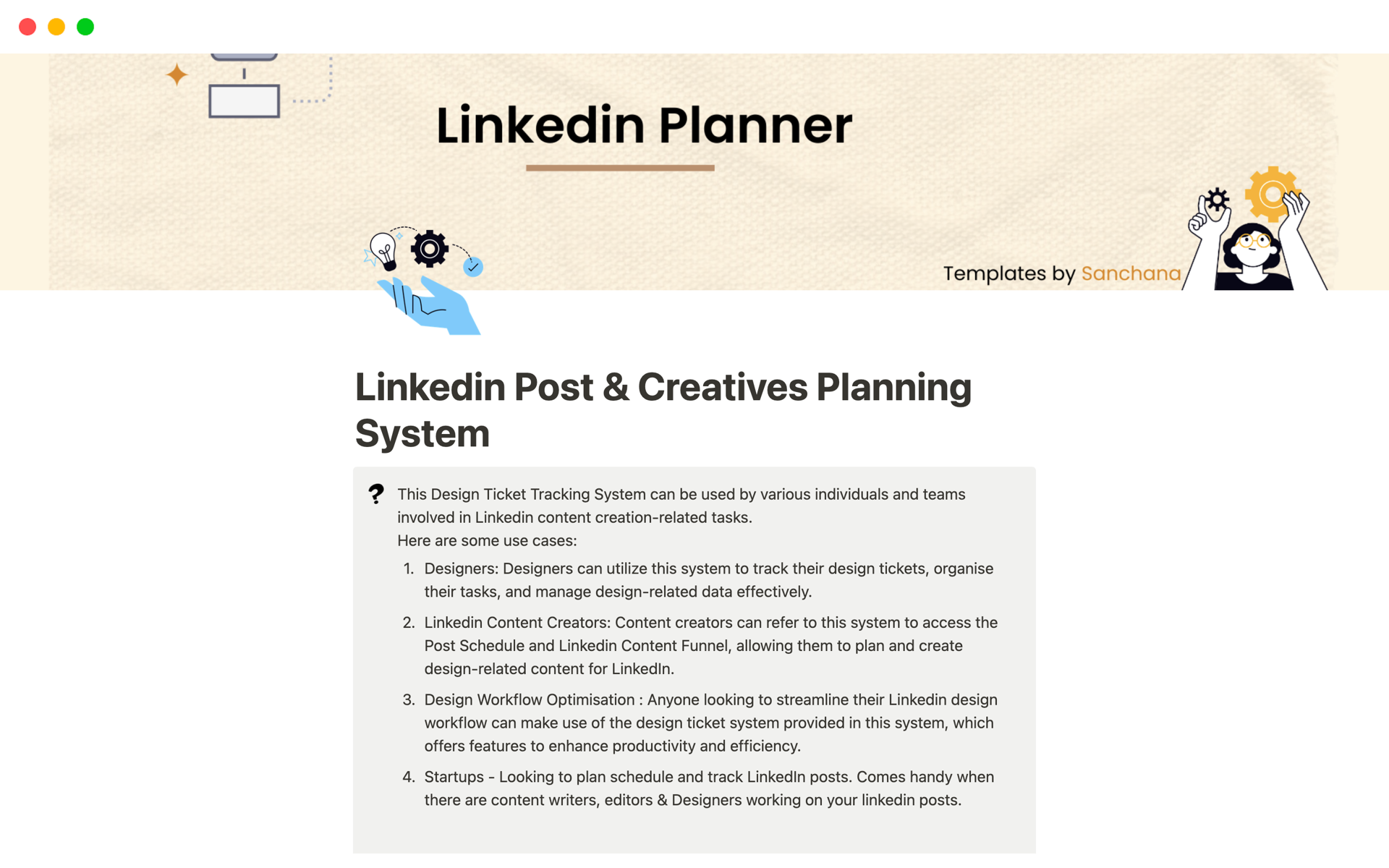 En förhandsgranskning av mallen för Linkedin Post & Creatives Planning System