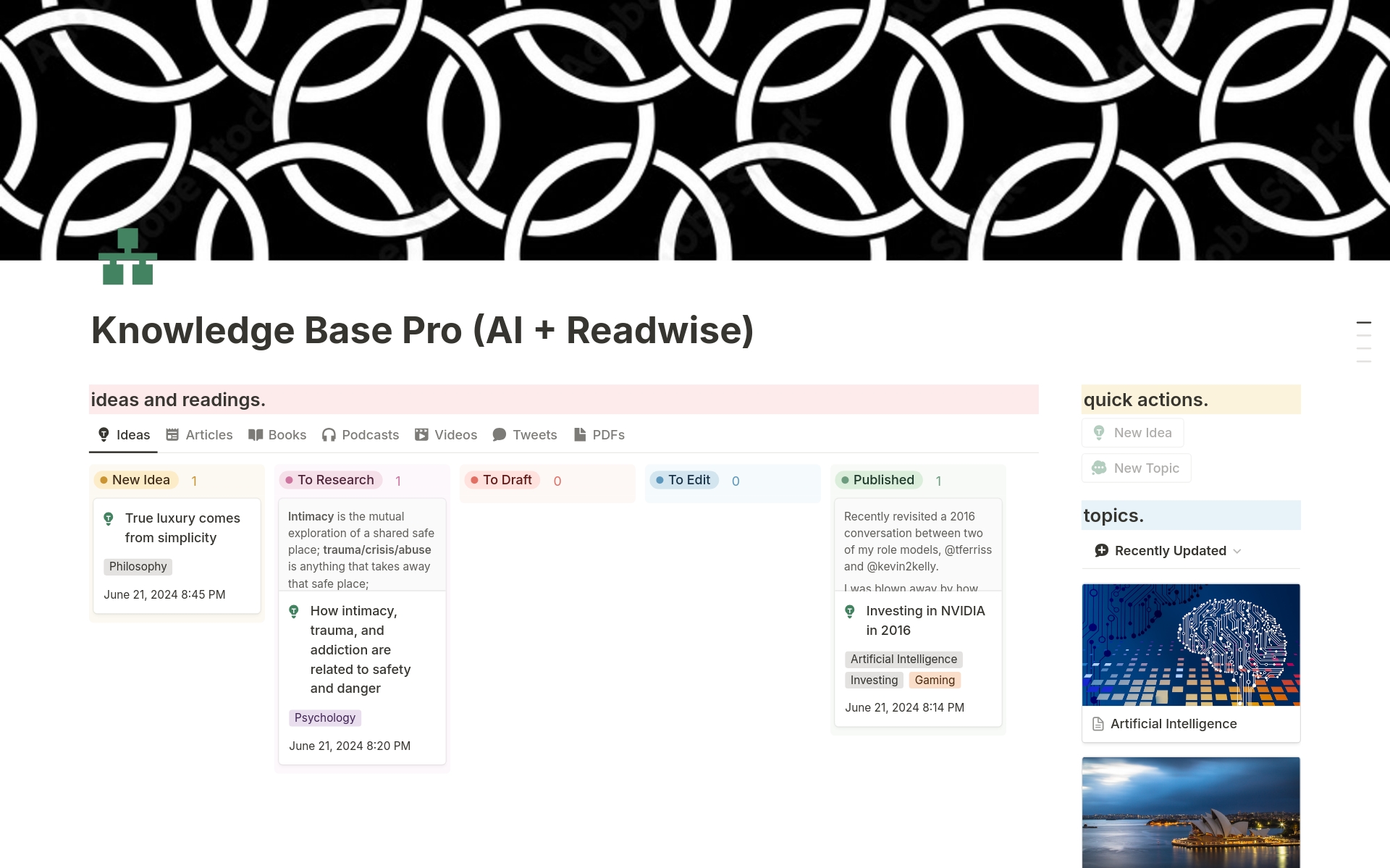 Knowledge Base Pro is a personal knowledge management system where you can track, review, and synthesize everything you've learned about any topic you choose, without any manual organization. Note: The complete system requires subscriptions to Notion Plus with AI and Readwise.