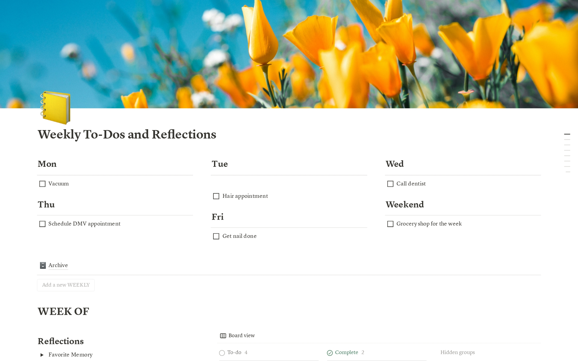 A template preview for Weekly To-Dos and Reflections