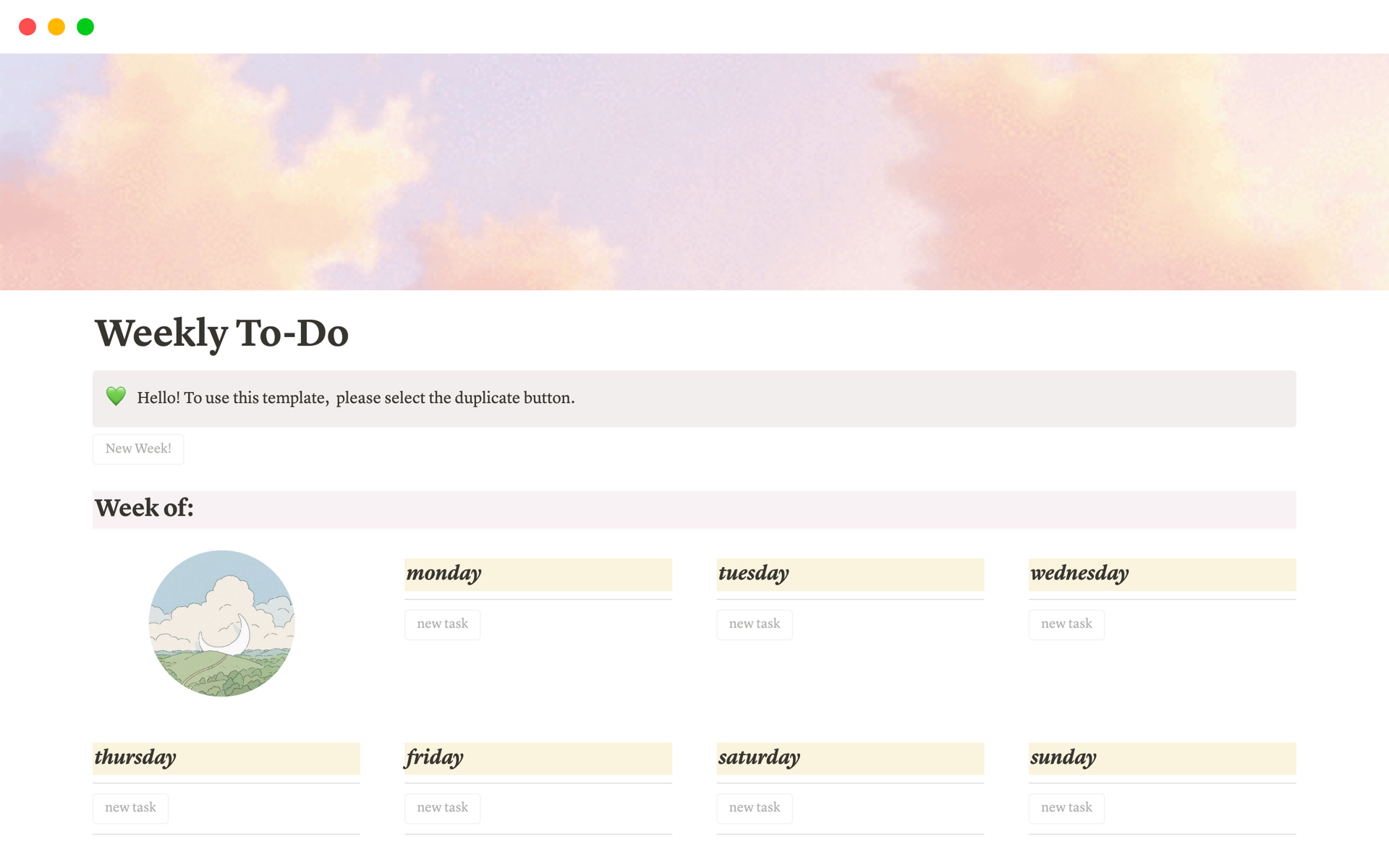 A weekly to-do list with a "New Week" button to automatically generate a new week and an archive toggle to archive previous weeks. 