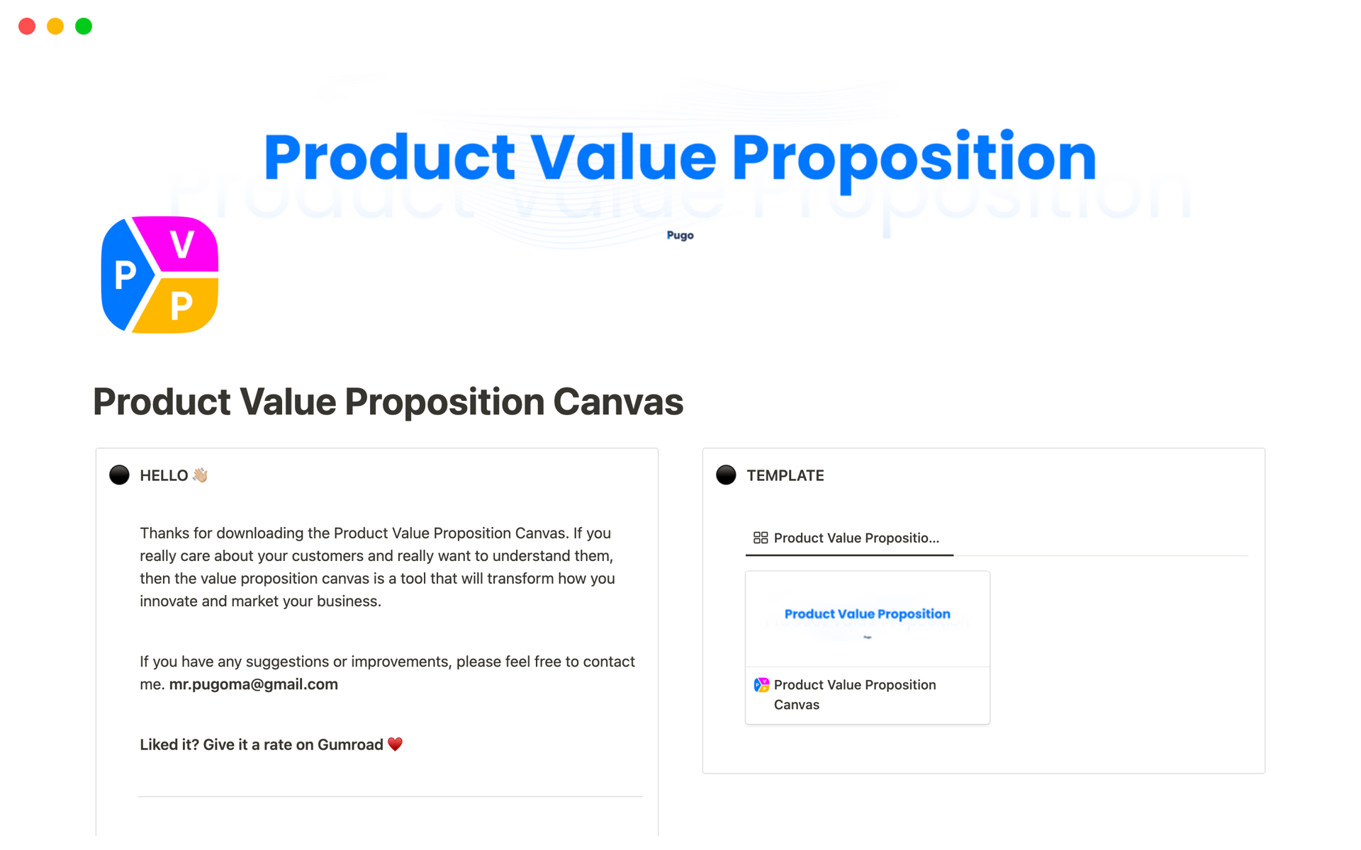 En forhåndsvisning av mal for Product Value Proposition Canvas