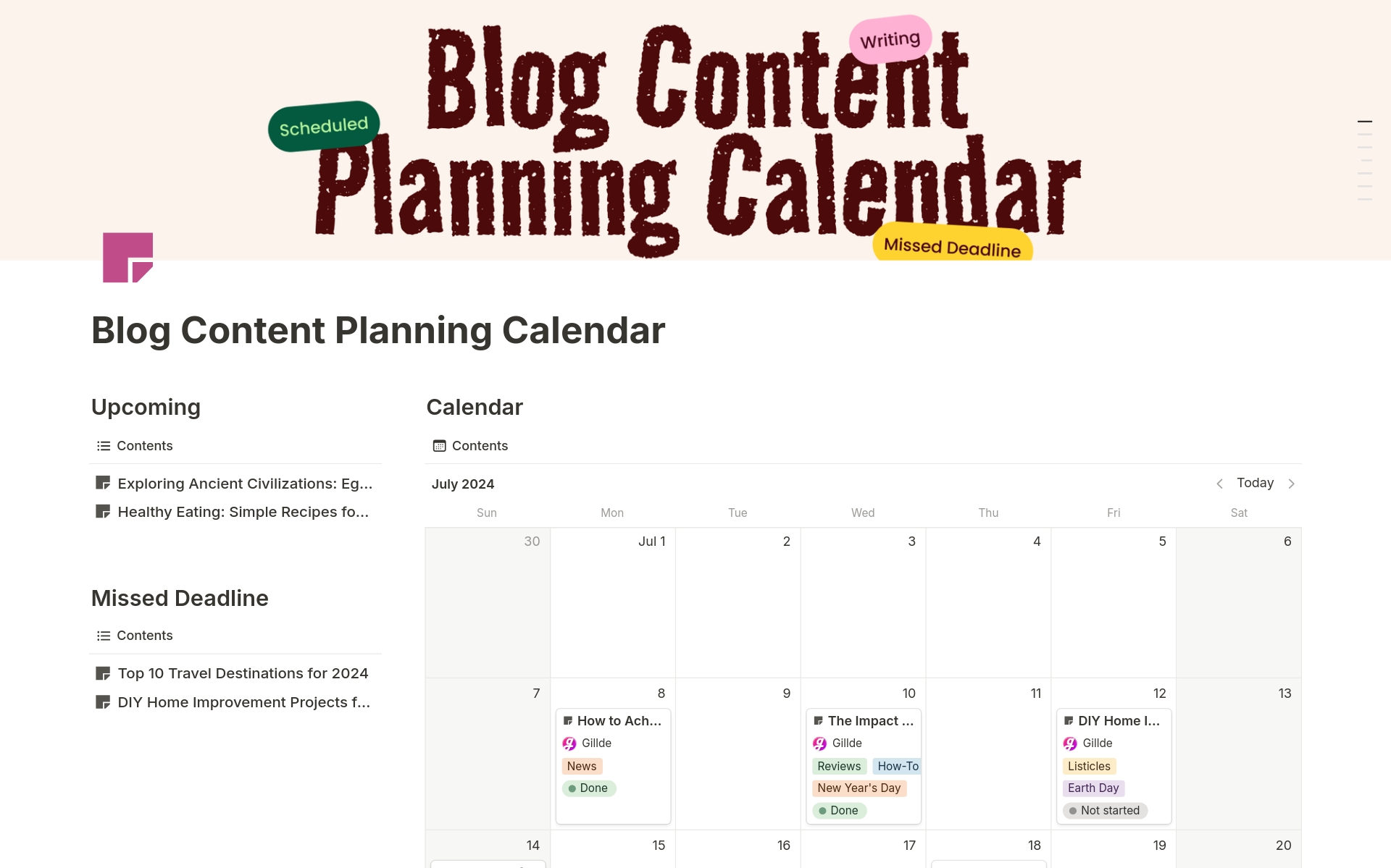 En förhandsgranskning av mallen för Blog Content Planning Calendar