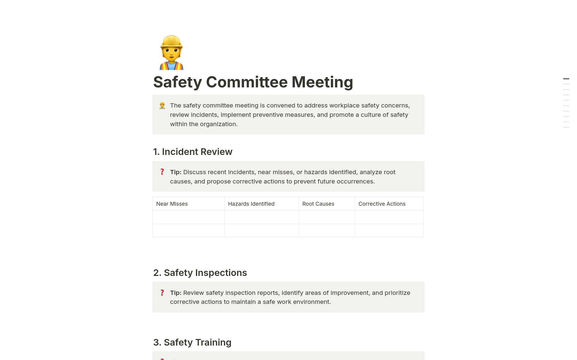 A template preview for Safety Committee Meeting