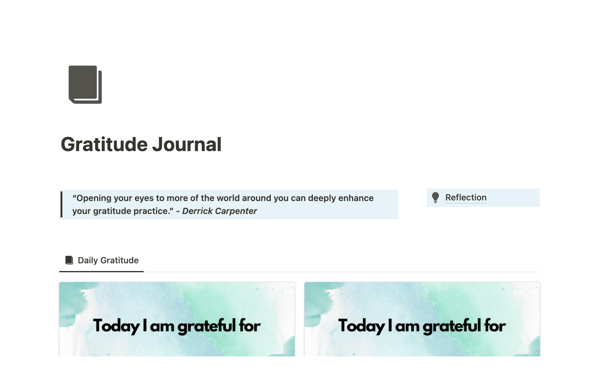 En förhandsgranskning av mallen för Notion Gratitude Journal
