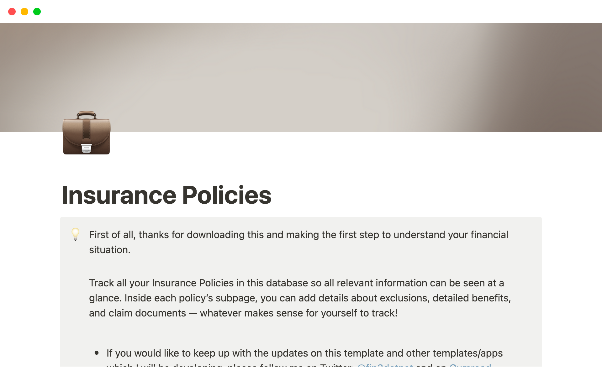 Uma prévia do modelo para Insurance Policy Tracker
