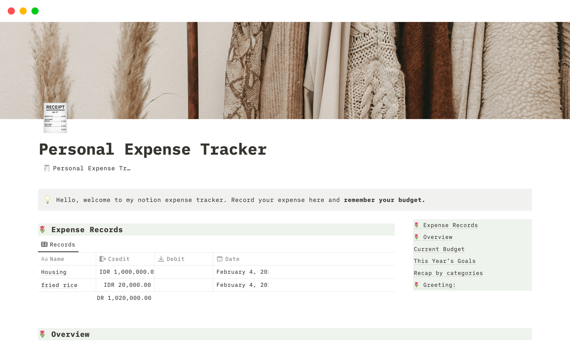En förhandsgranskning av mallen för Personal Expense Tracker
