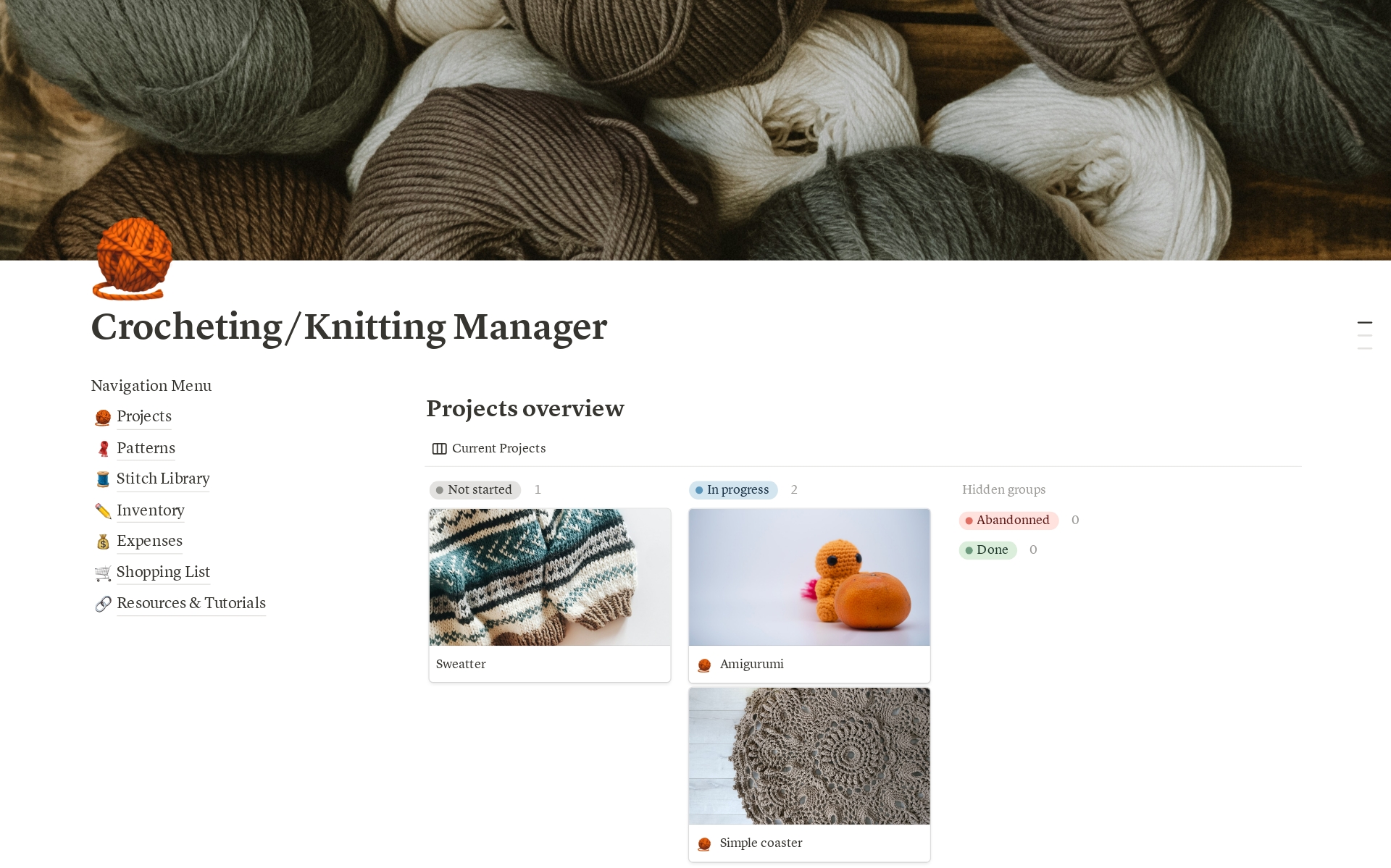 En förhandsgranskning av mallen för Crochet/Knitting Hub