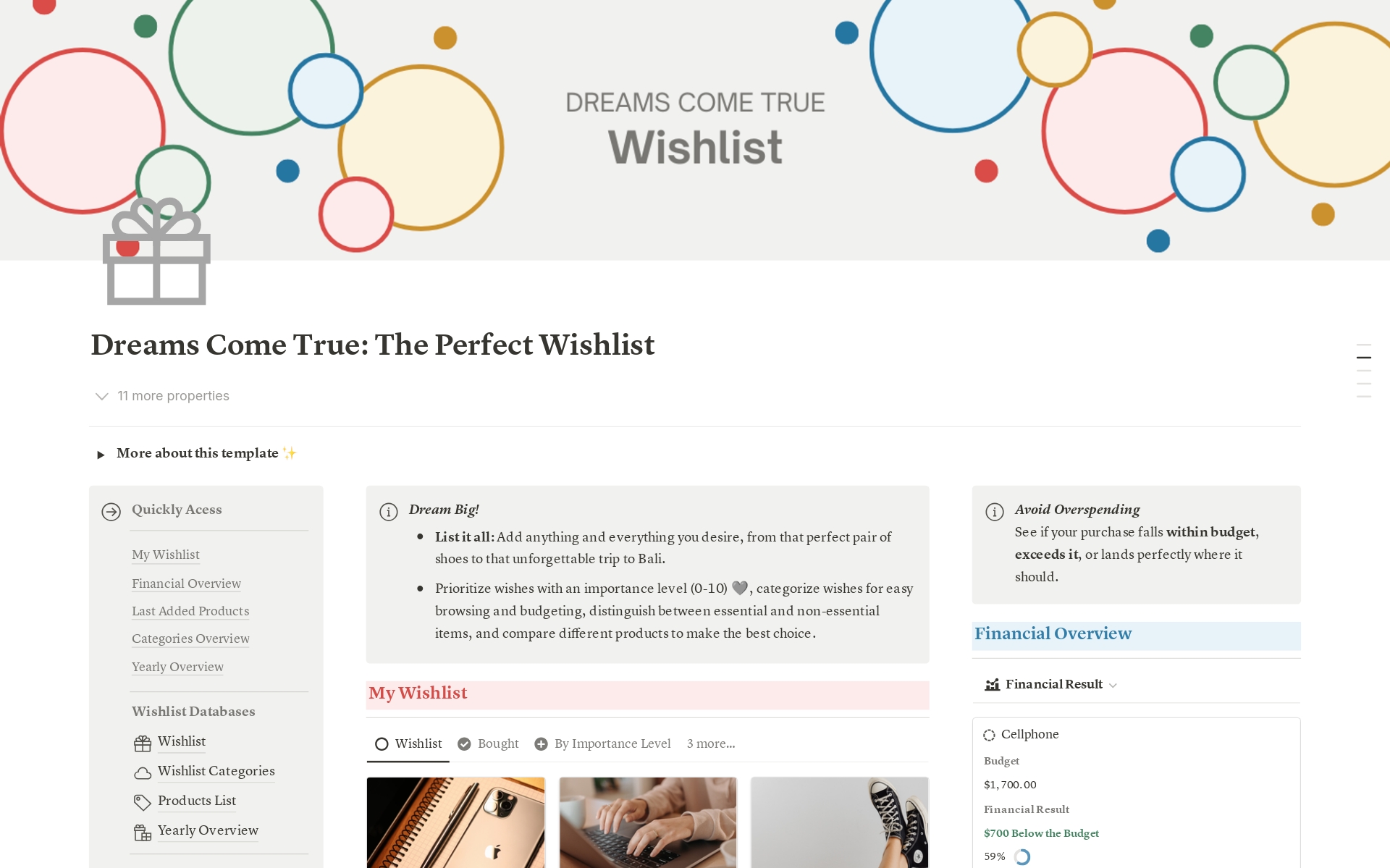 En förhandsgranskning av mallen för Dreams Come True: The Perfect Wishlist