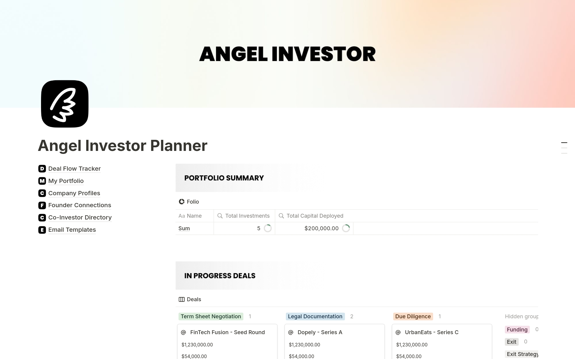 Streamline your angel investments with our comprehensive Notion template. Manage your deal flow, track portfolio performance, and maintain strong connections with founders and co-investors—all in one place.