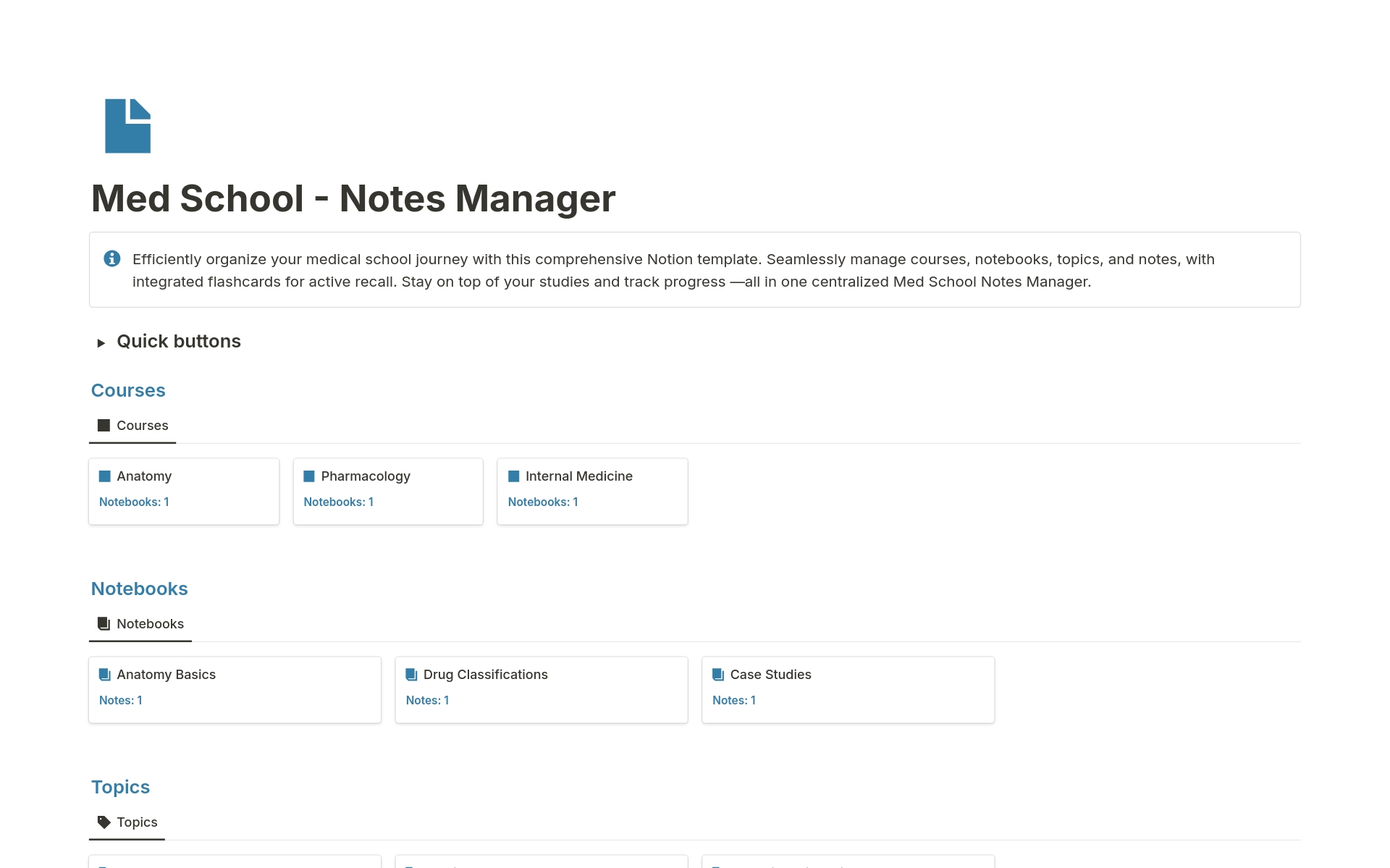 En forhåndsvisning av mal for Med School - Notes Manager