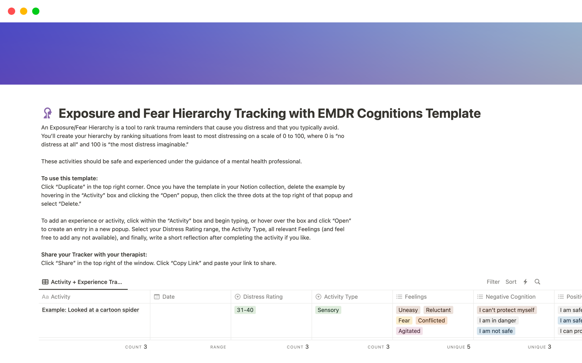 Vista previa de una plantilla para Exposure Hierarchy Tracker with EMDR Cognitions