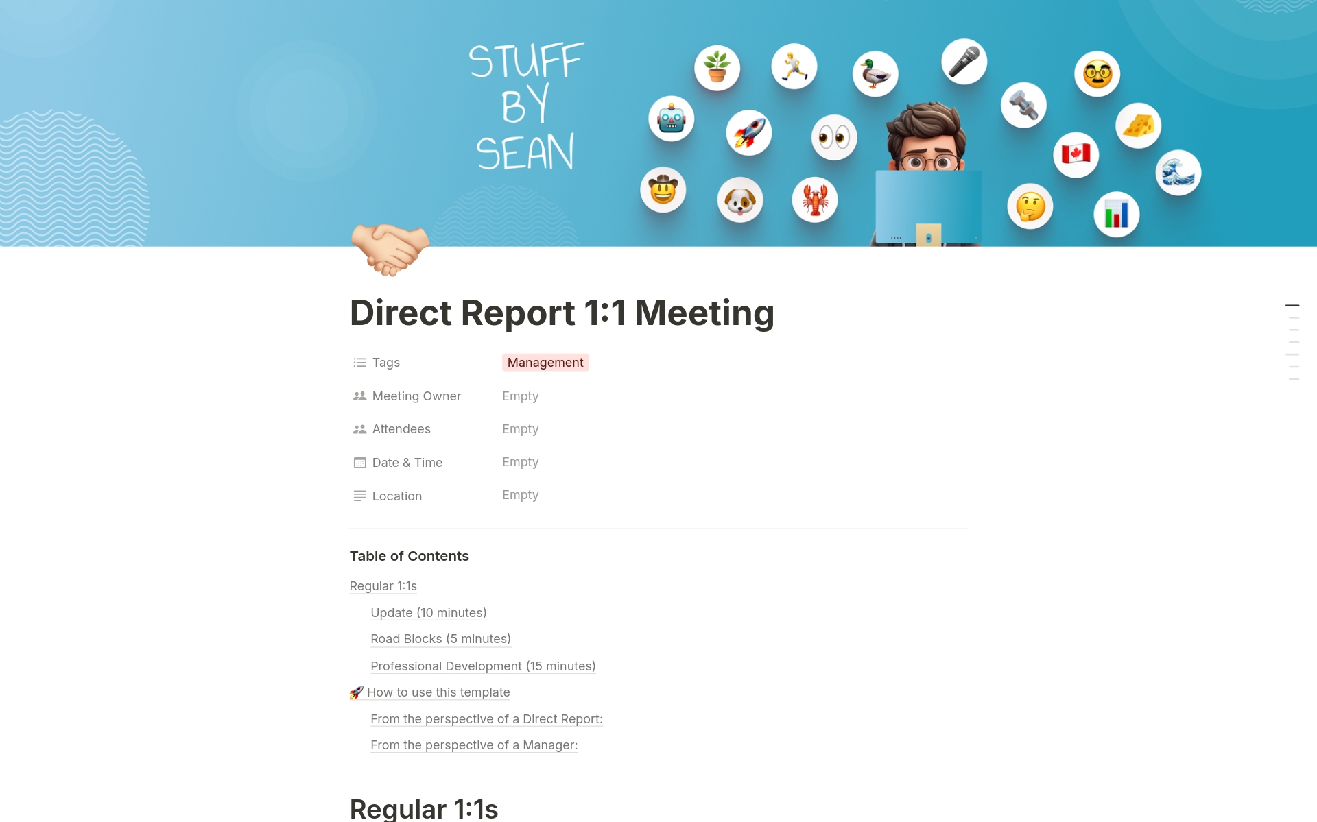 En forhåndsvisning av mal for Direct Report 1:1 Meeting