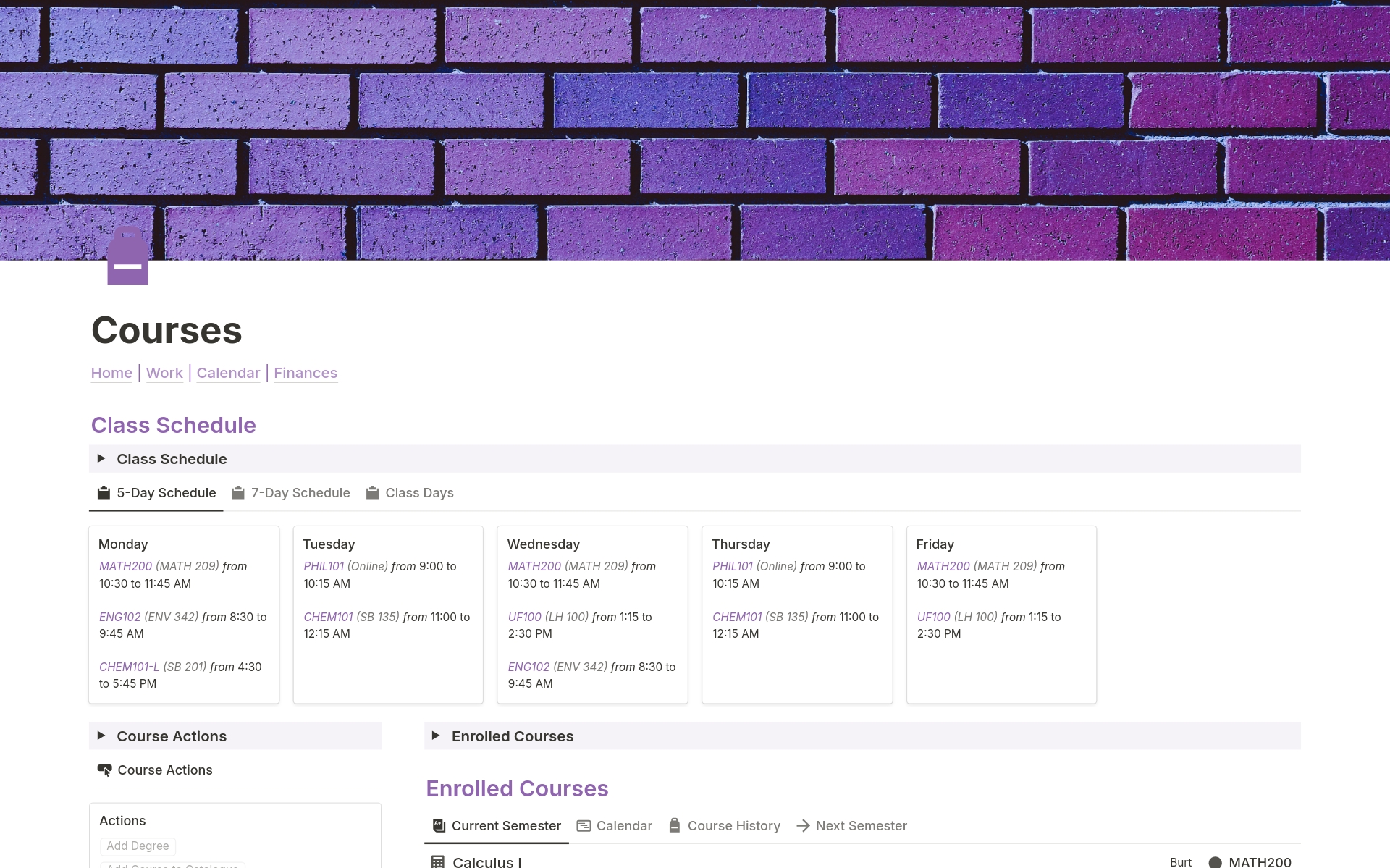 A comprehensive Notion template to help track your courses, assignments, notes, grades, finances, calendars and more!