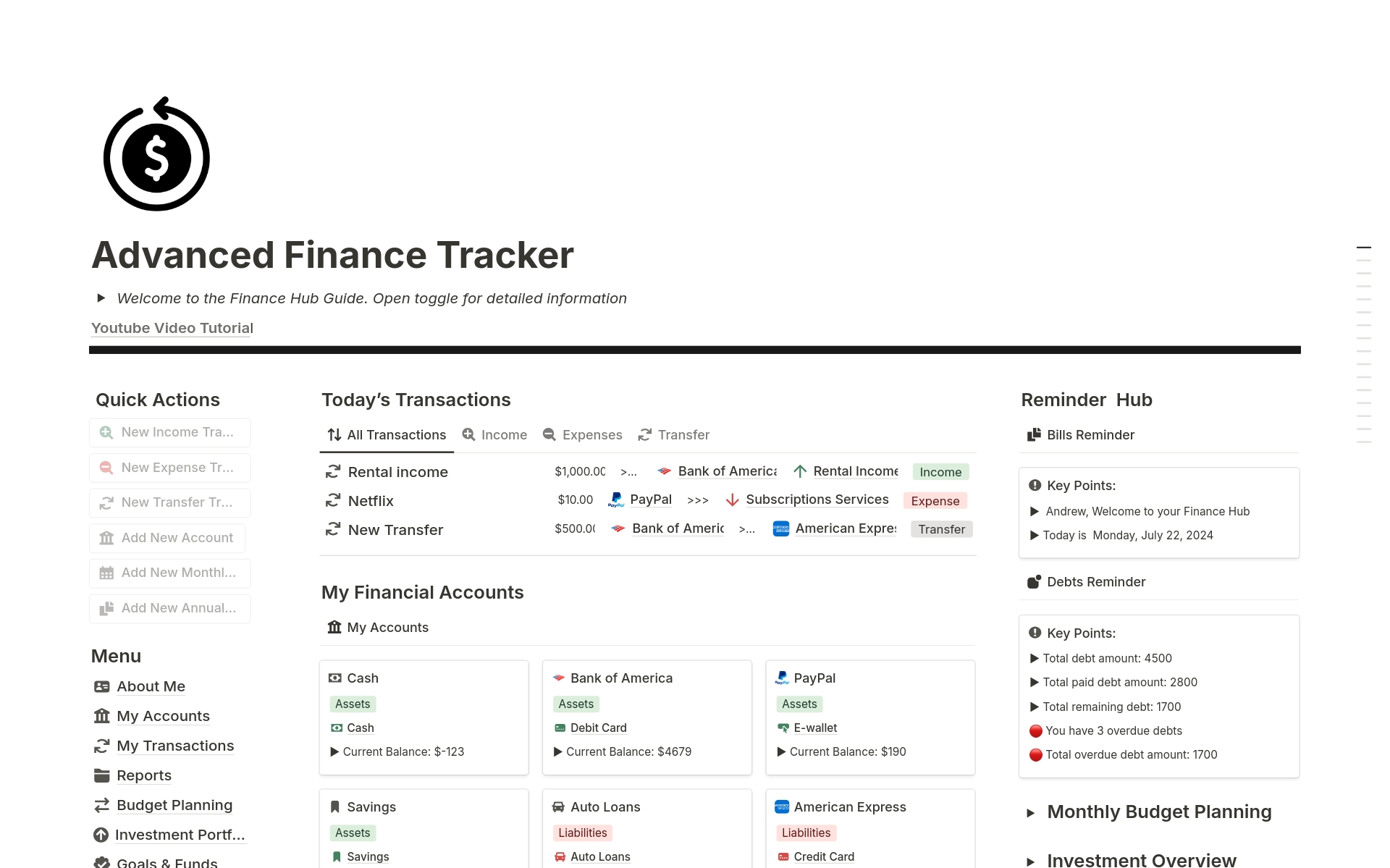 A template preview for Advanced Finance Tracker