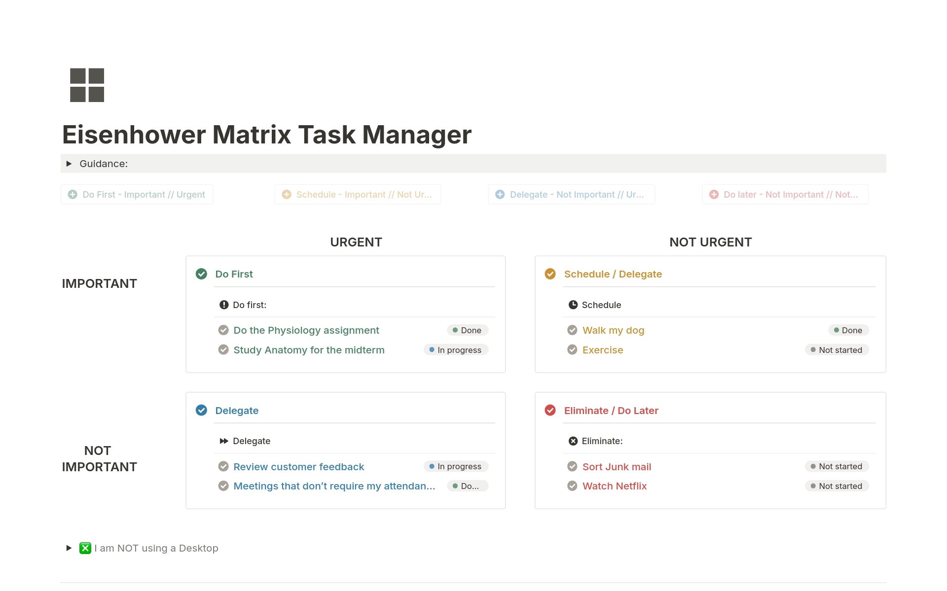 En förhandsgranskning av mallen för Eisenhower Matrix Task Manager