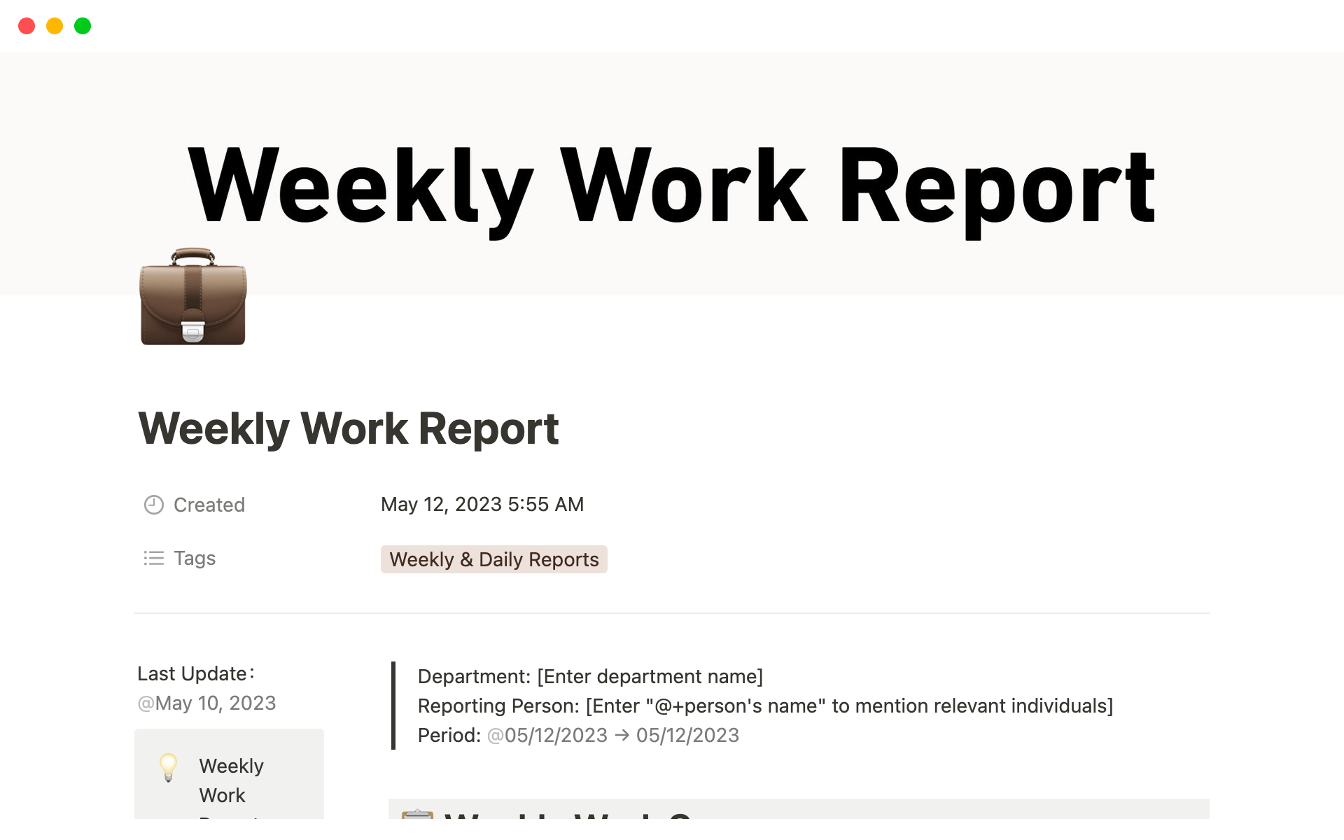 Uma prévia do modelo para Weekly Work Report