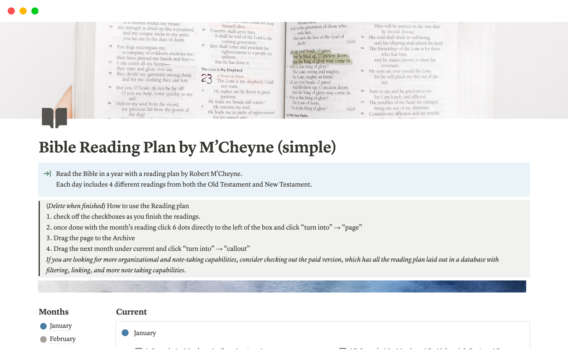 En forhåndsvisning av mal for Bible Reading Plan by M’Cheyne