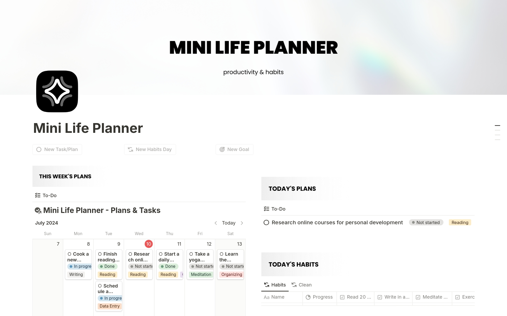 Boost productivity and organize your life with the Mini Life Planner for Notion. Track habits, manage tasks, and achieve your goals effortlessly.