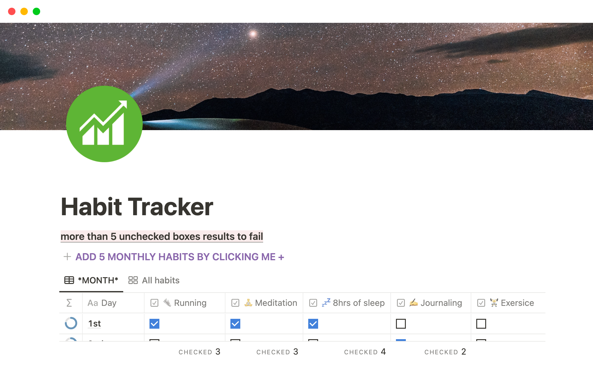 En förhandsgranskning av mallen för Habit Tracker - Monthly