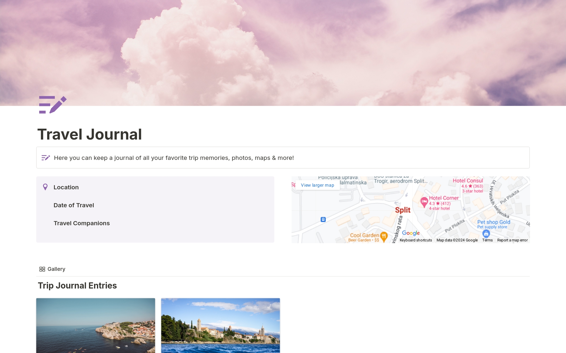 En förhandsgranskning av mallen för Travel Journal