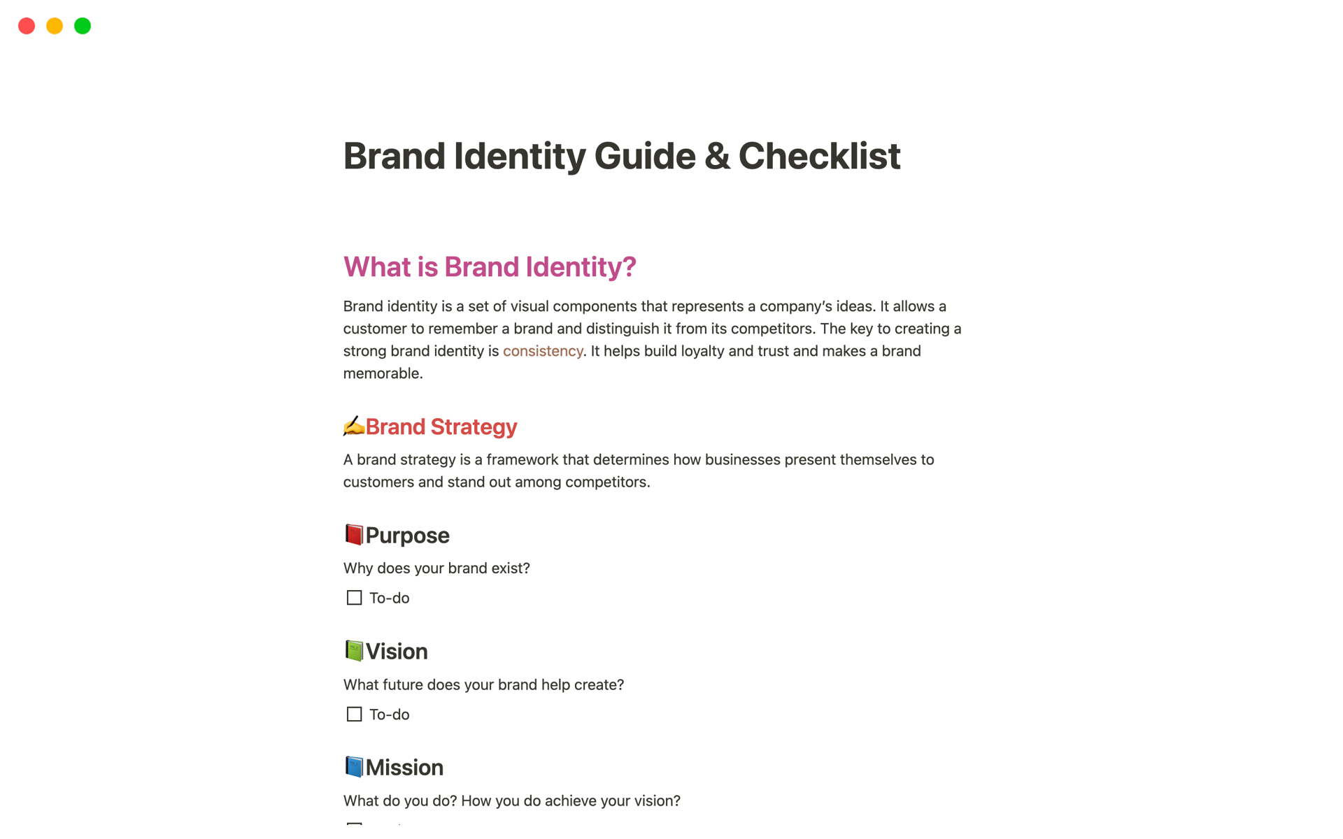 En forhåndsvisning av mal for Brand Identity Guide & Checklist + Mini Content Creation Strategy Checklist