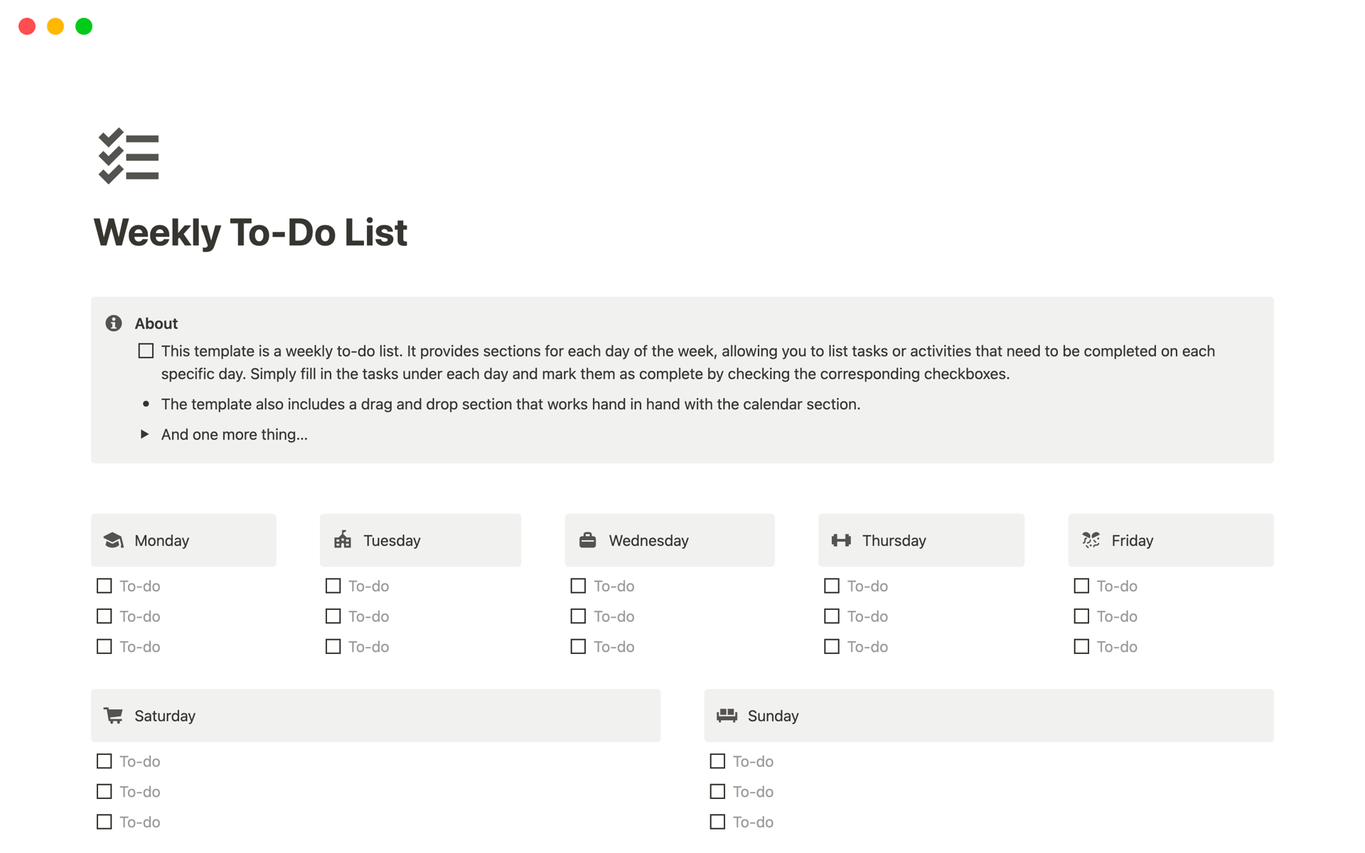 A template preview for Weekly To-Do List
