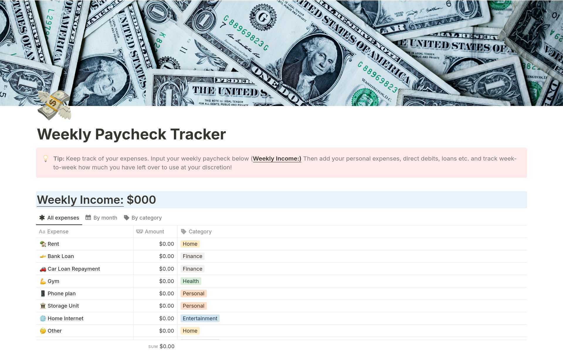 Track your weekly paycheck, bills, direct debits and get an amount leftover for savings or spending's!