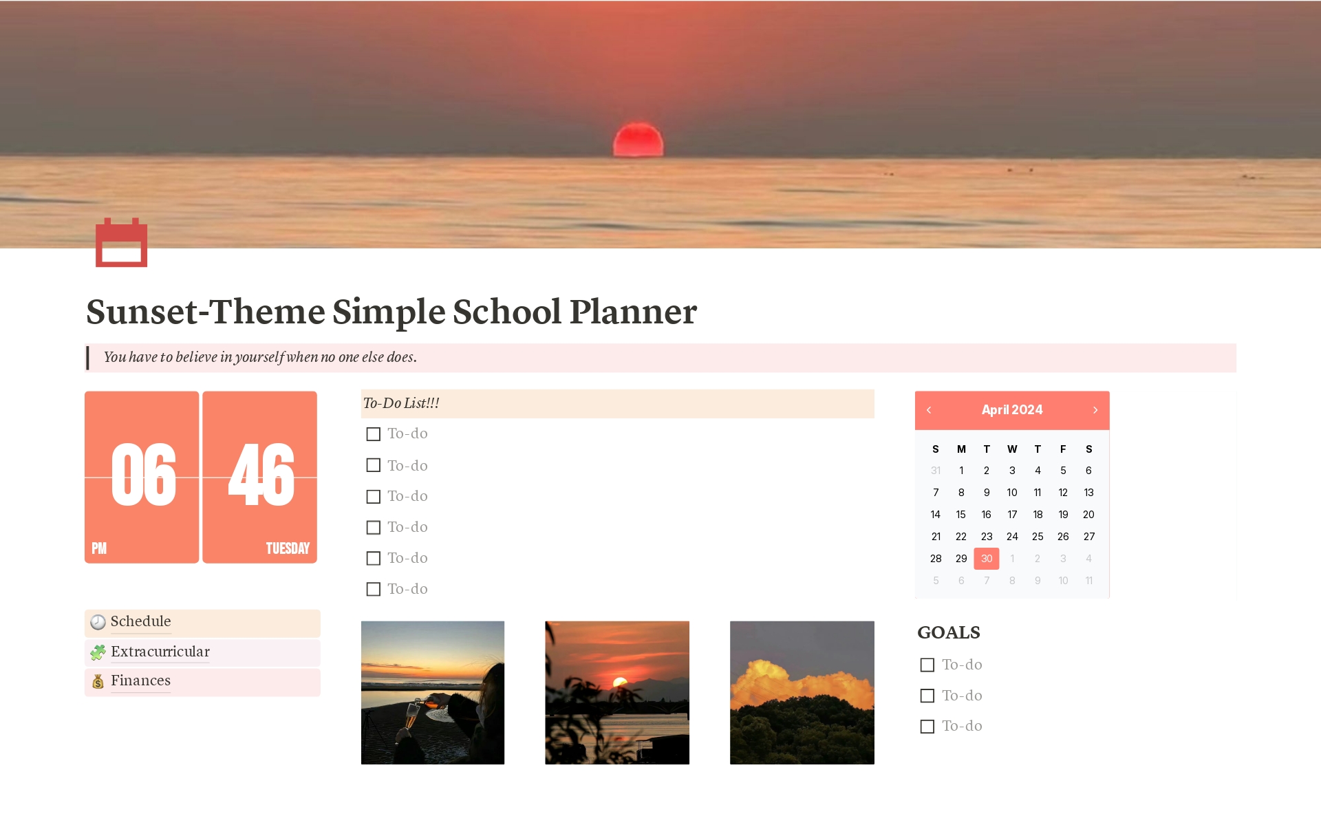 Use this templet to organize your student life with a few easily-navigated buttons
- Schedule
- To-do lists
- Goals
- Extracurricular
- Finances