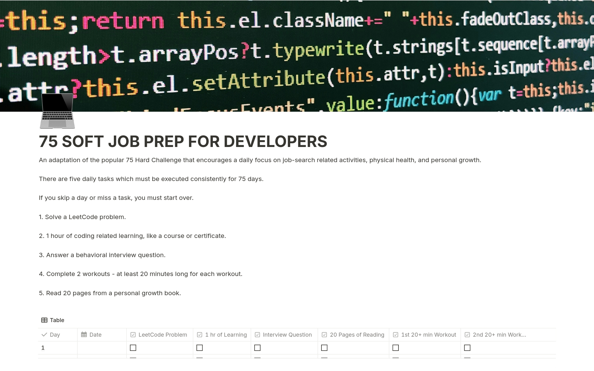 En förhandsgranskning av mallen för 75 Soft Job Prep For Developers
