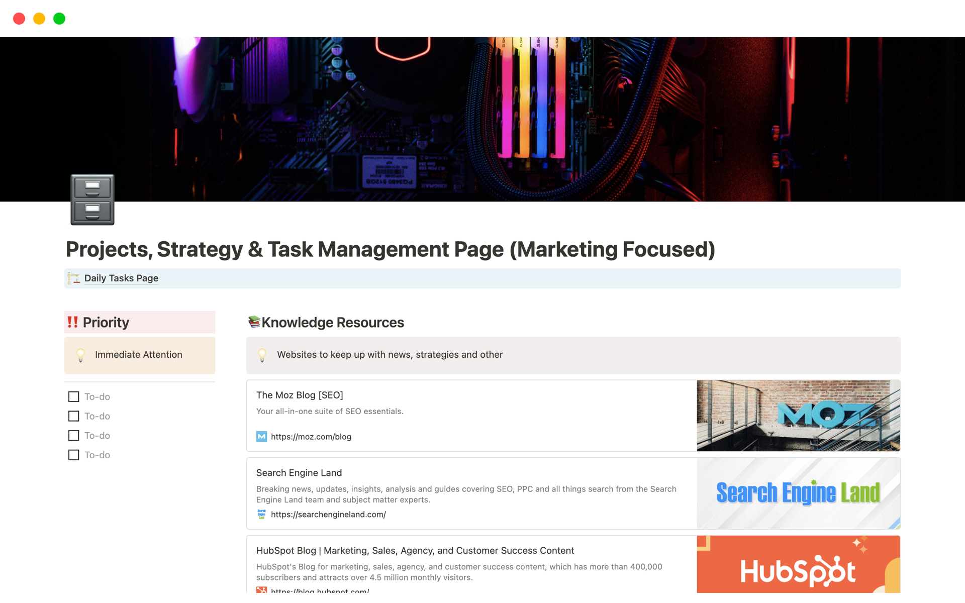 En forhåndsvisning av mal for Projects, Strategy & Task Management Page