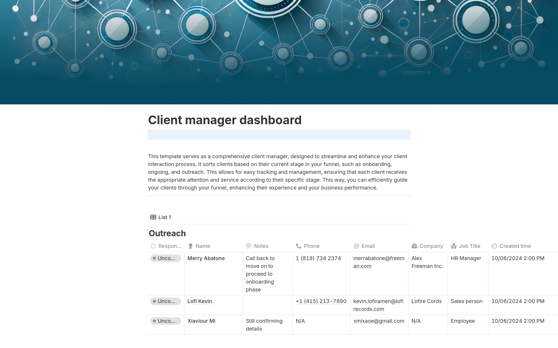 Manage client acquisition, client onboarding, and your current clients all in one tab. Whether you have to organize meetings, write client notes, or orchestrate project plans alongside your team. Do it with the help of my free client manager dashboard.