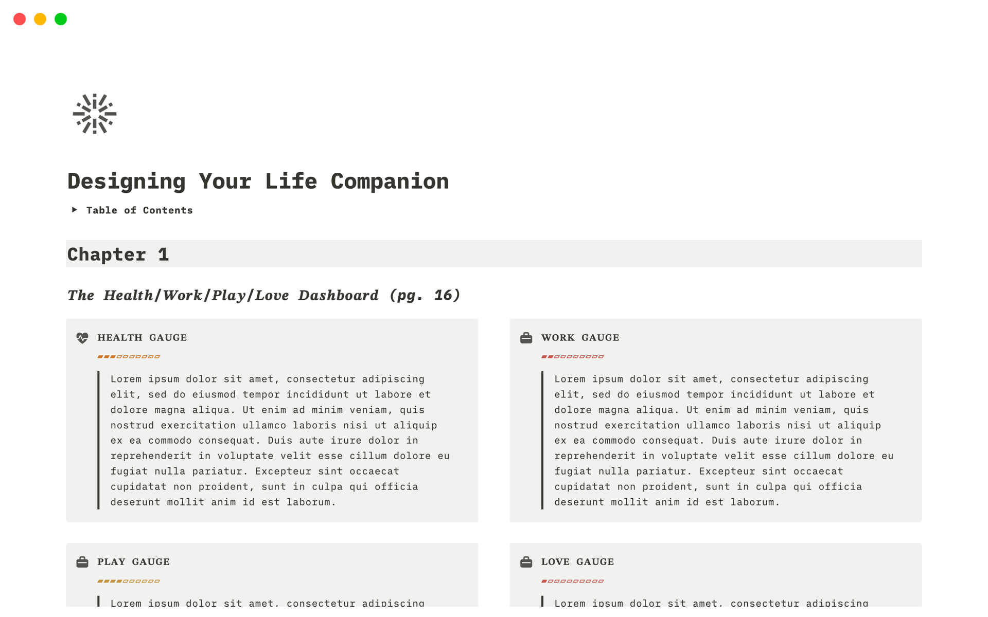 En förhandsgranskning av mallen för Designing Your Life Companion