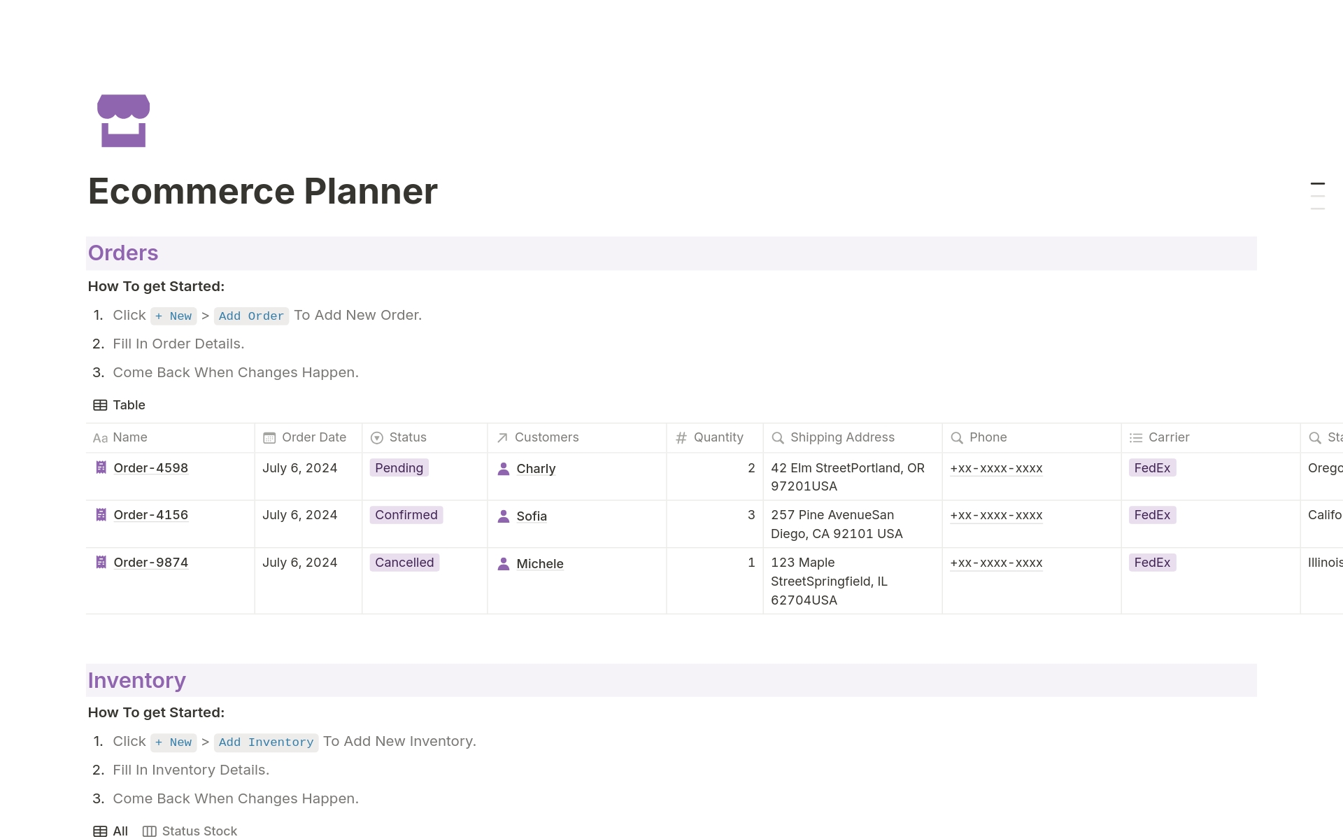 A template preview for E-commerce Planner