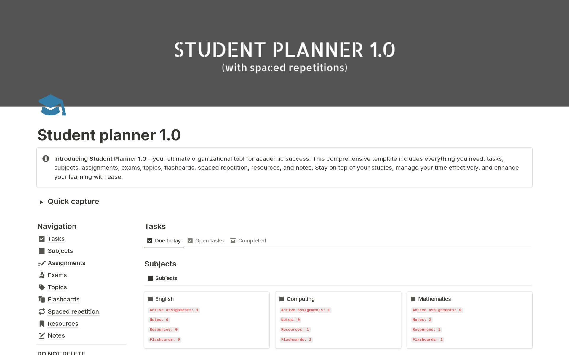 Introducing Student Planner 1.0 – your ultimate organizational tool for academic success. This comprehensive template includes everything you need: tasks, subjects, assignments, exams, topics, flashcards, spaced repetition, resources, and notes. 