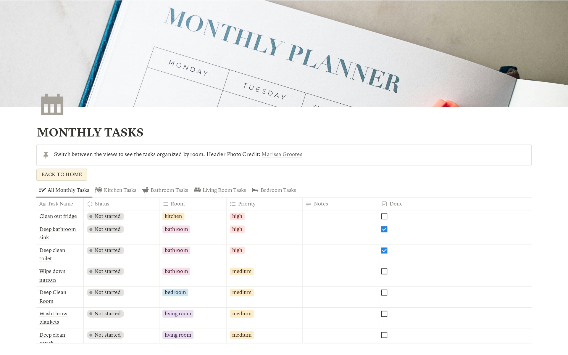 This template is designed to help you organize your cleaning tasks for your home. Complete with functional databases and buttons, this planner allows for a streamlined experience that gives you the option to organize tasks by room.