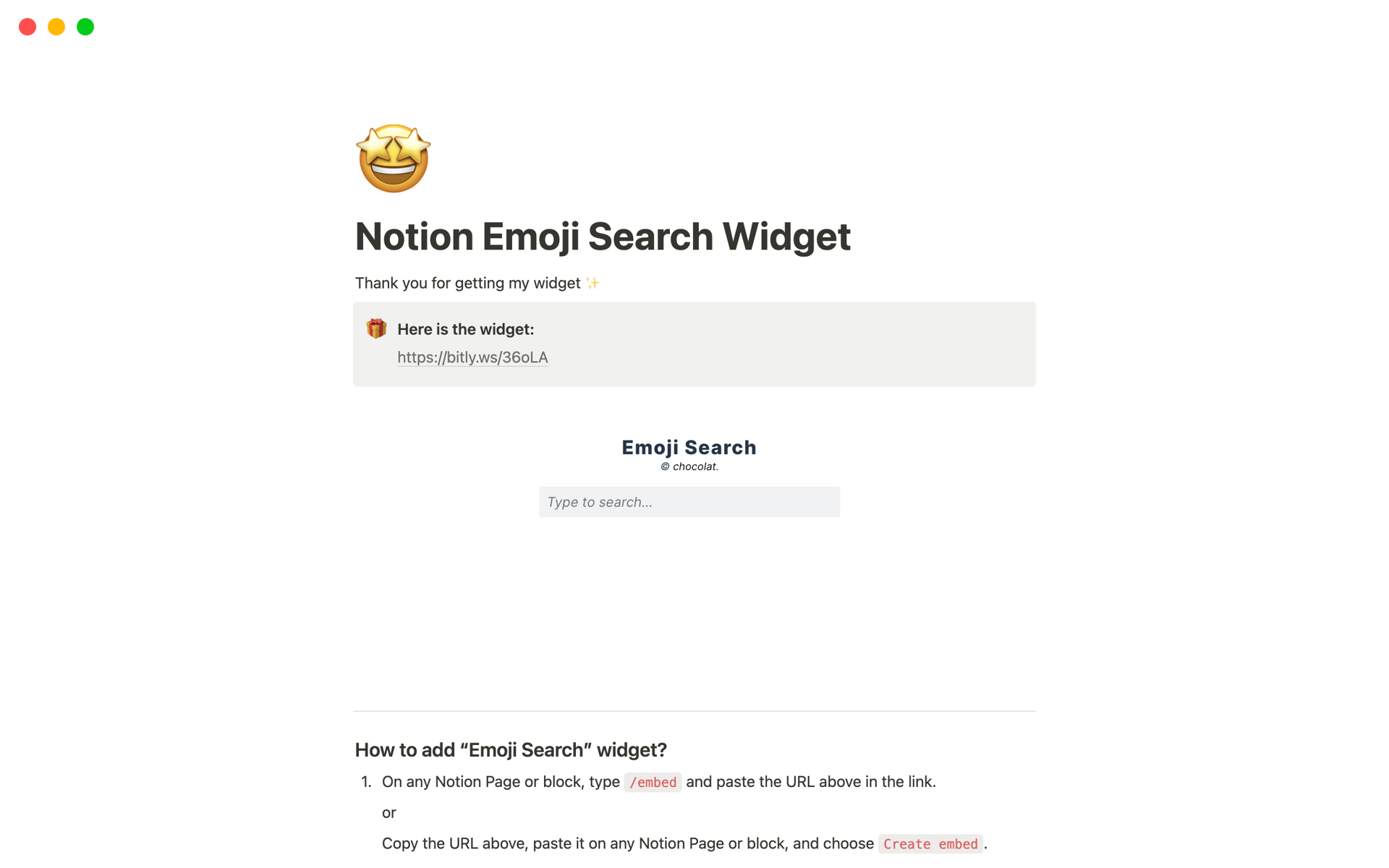 En förhandsgranskning av mallen för Emoji Search Widget