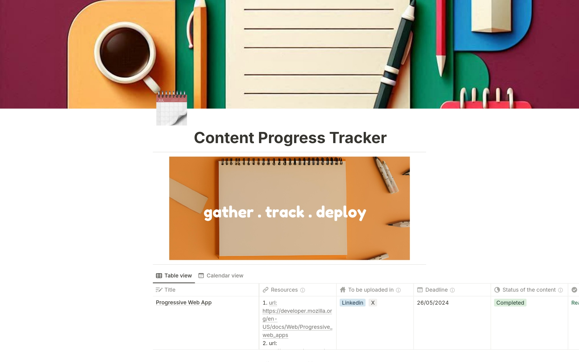 A template preview for Content Progress Tracker
