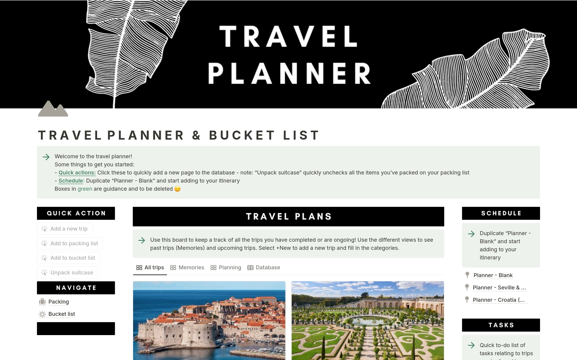 A template to help you track upcoming trips and travel plans! Includes an itinerary/schedule planner, a packing list, and bucket list/future travel goals.