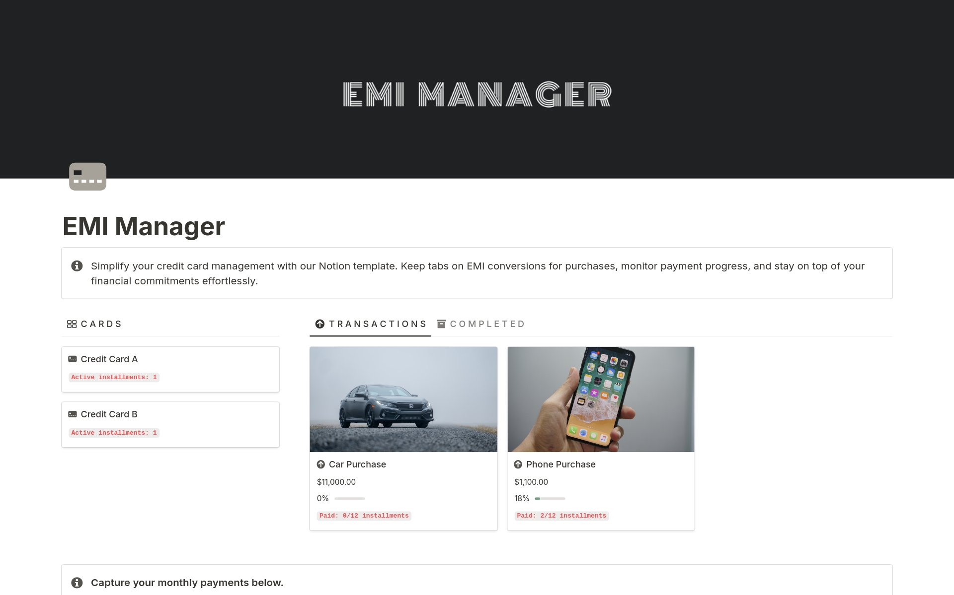 En förhandsgranskning av mallen för EMI Manager