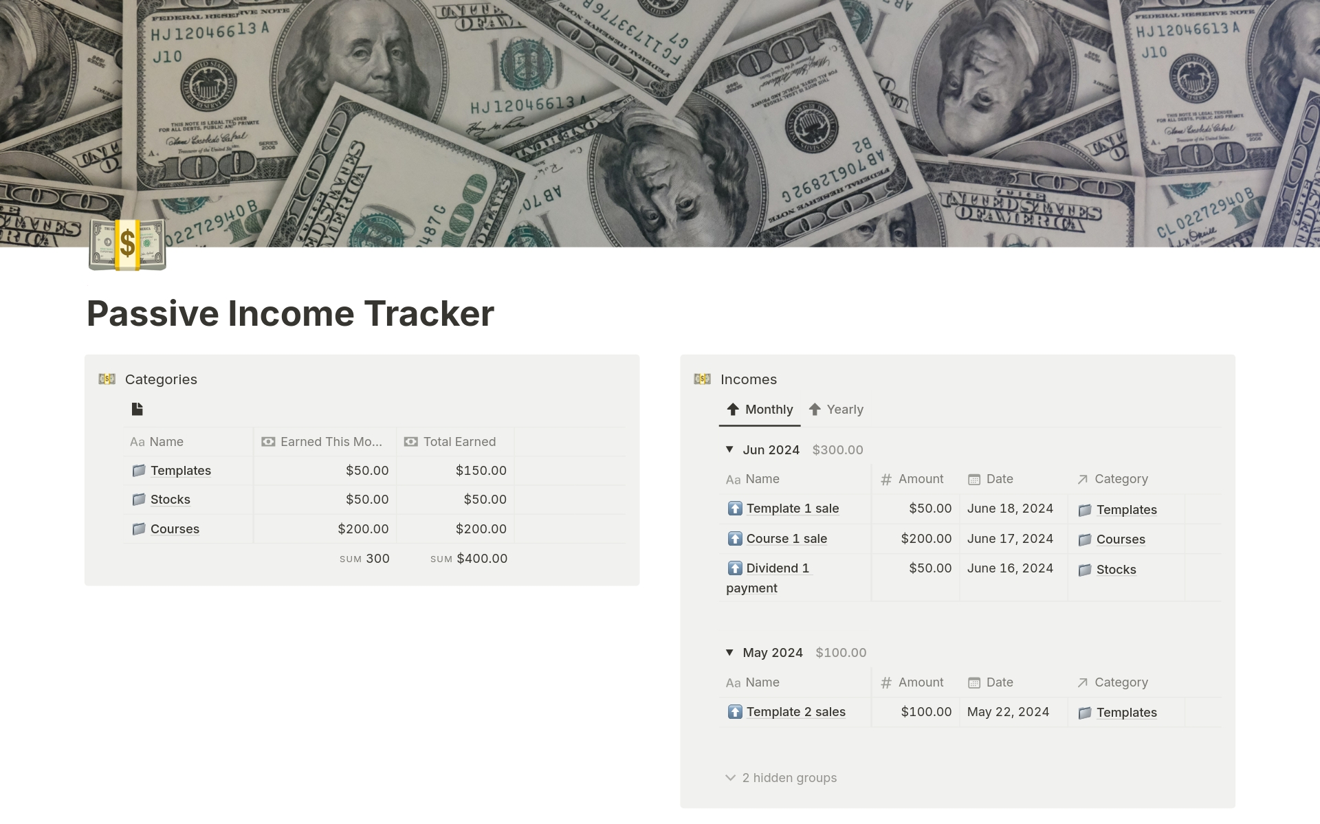 En forhåndsvisning av mal for Money Passive Income Tracker