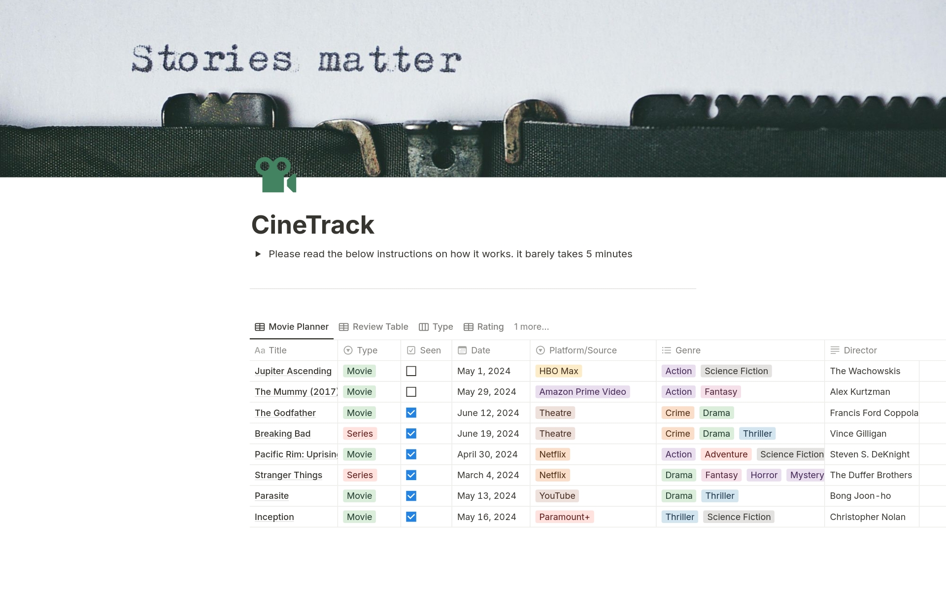 Transform your film critique process with CineTrack, a powerful Notion template designed specifically for film critics. Easily plan, schedule, and review movies with comprehensive tables for organizing every detail. Streamline your cinematic journey and elevate your reviews today