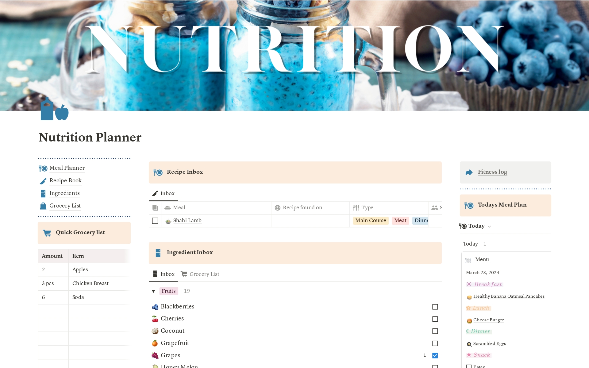 The Nutrition Planner is a comprehensive tool designed for meal planning, recipe management, grocery shopping, and tracking ingredients. Ideal for personal or family use to simplify diet management.