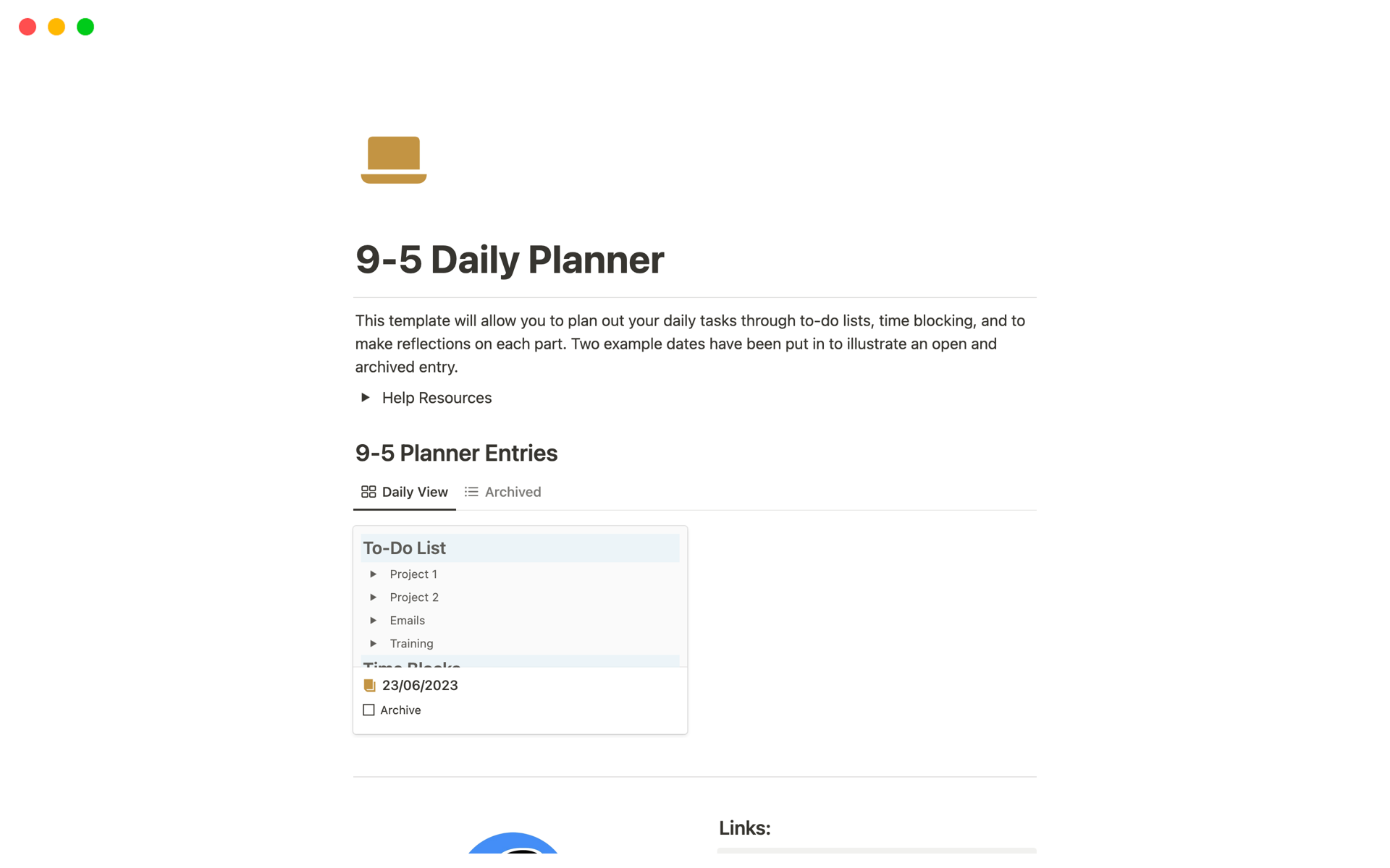 Eine Vorlagenvorschau für 9-5 Daily Planner