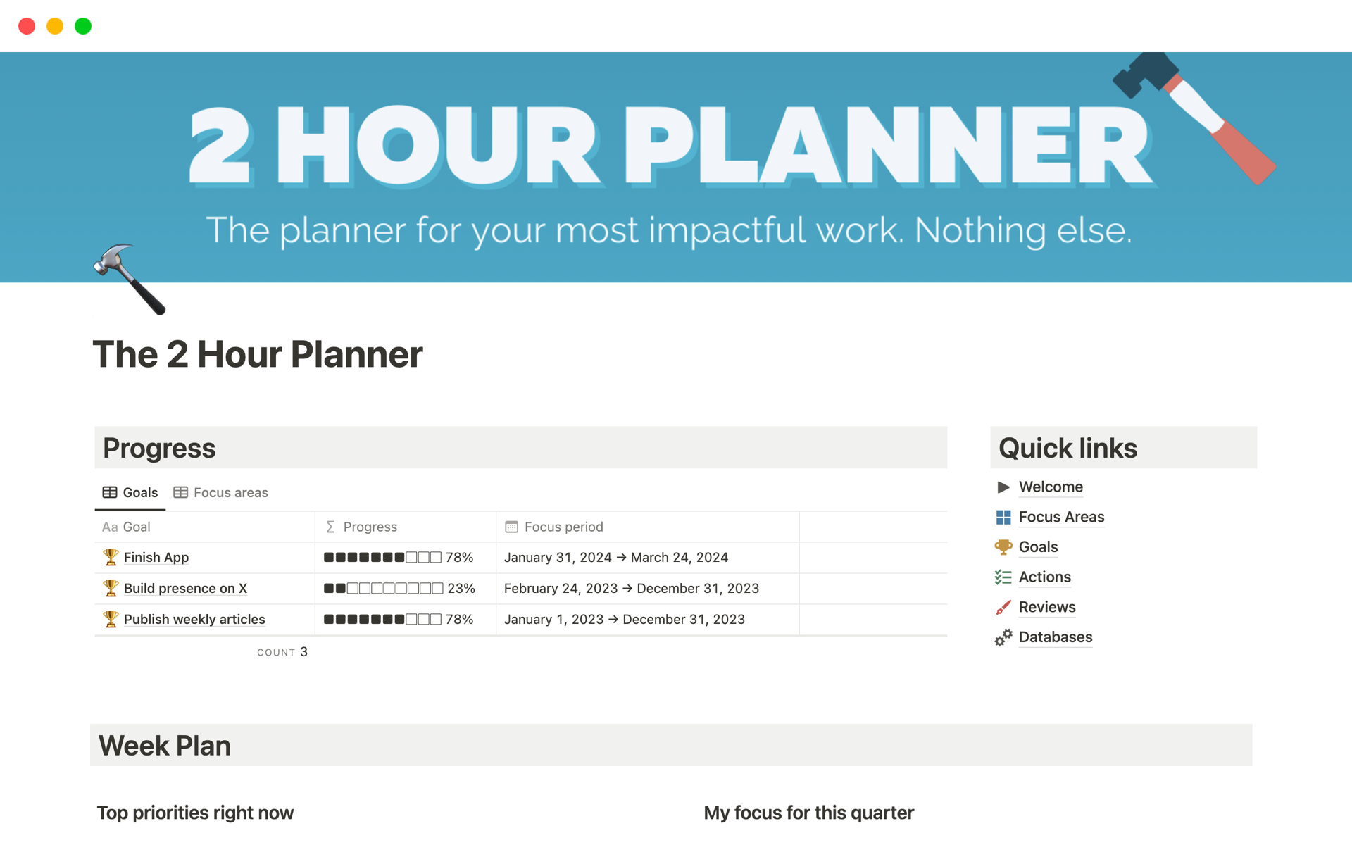 Uma prévia do modelo para The 2 Hour Planner