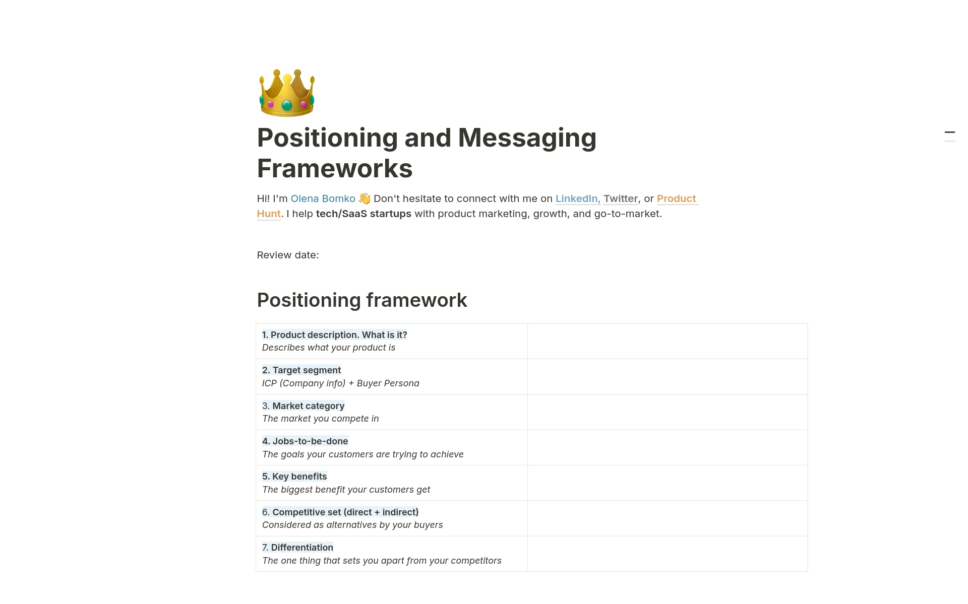 A template preview for Positioning and Messaging Frameworks