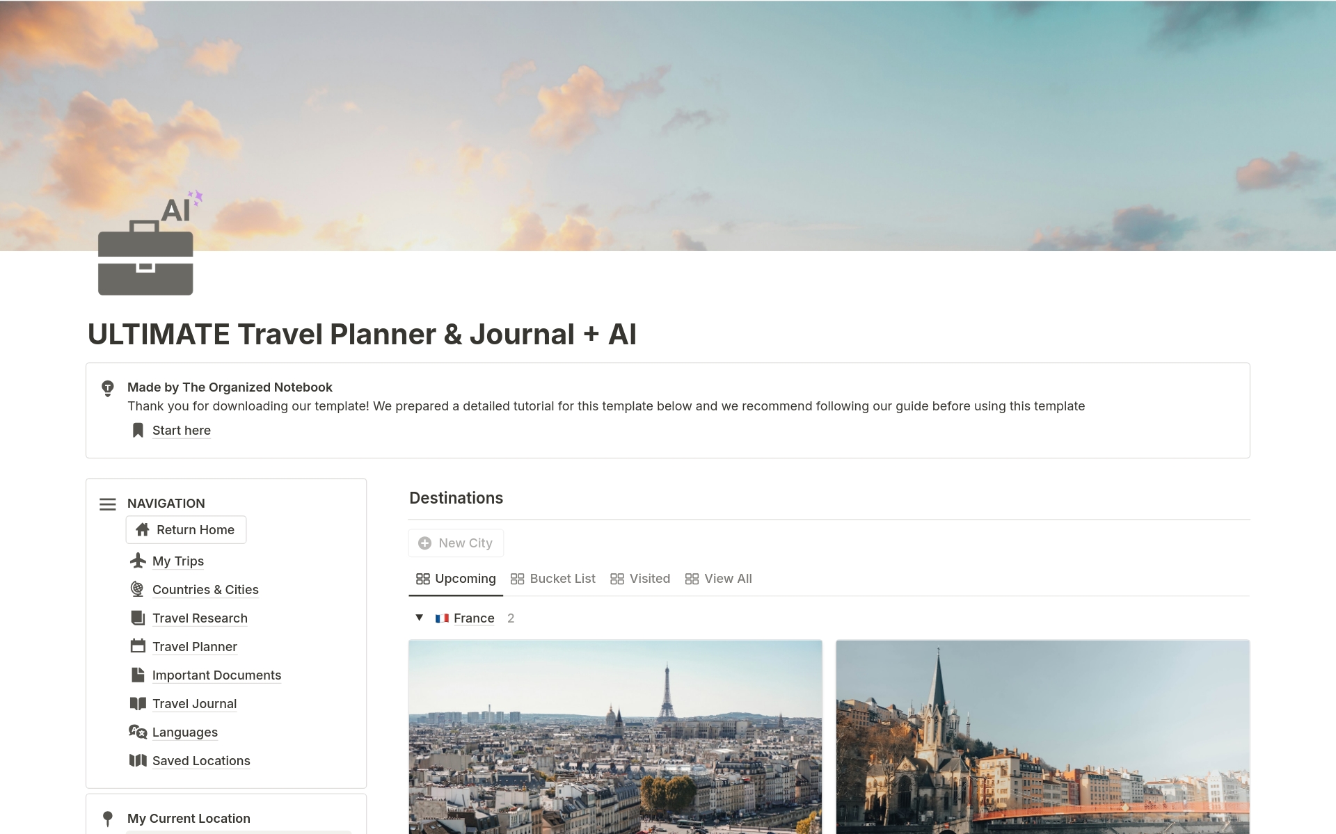 En forhåndsvisning av mal for ULTIMATE Travel Planner & Journal + AI