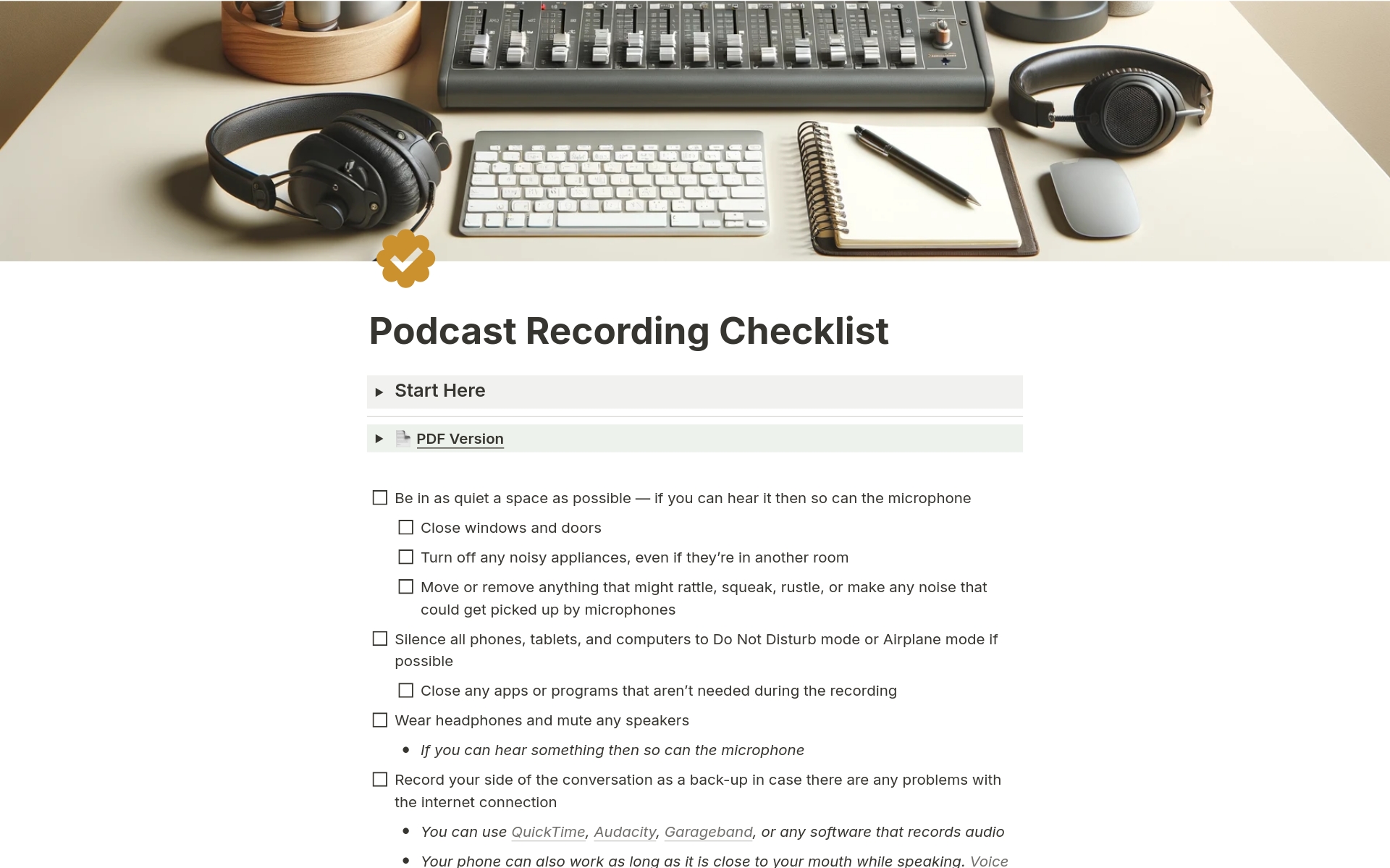 En förhandsgranskning av mallen för Podcast Recording Checklist